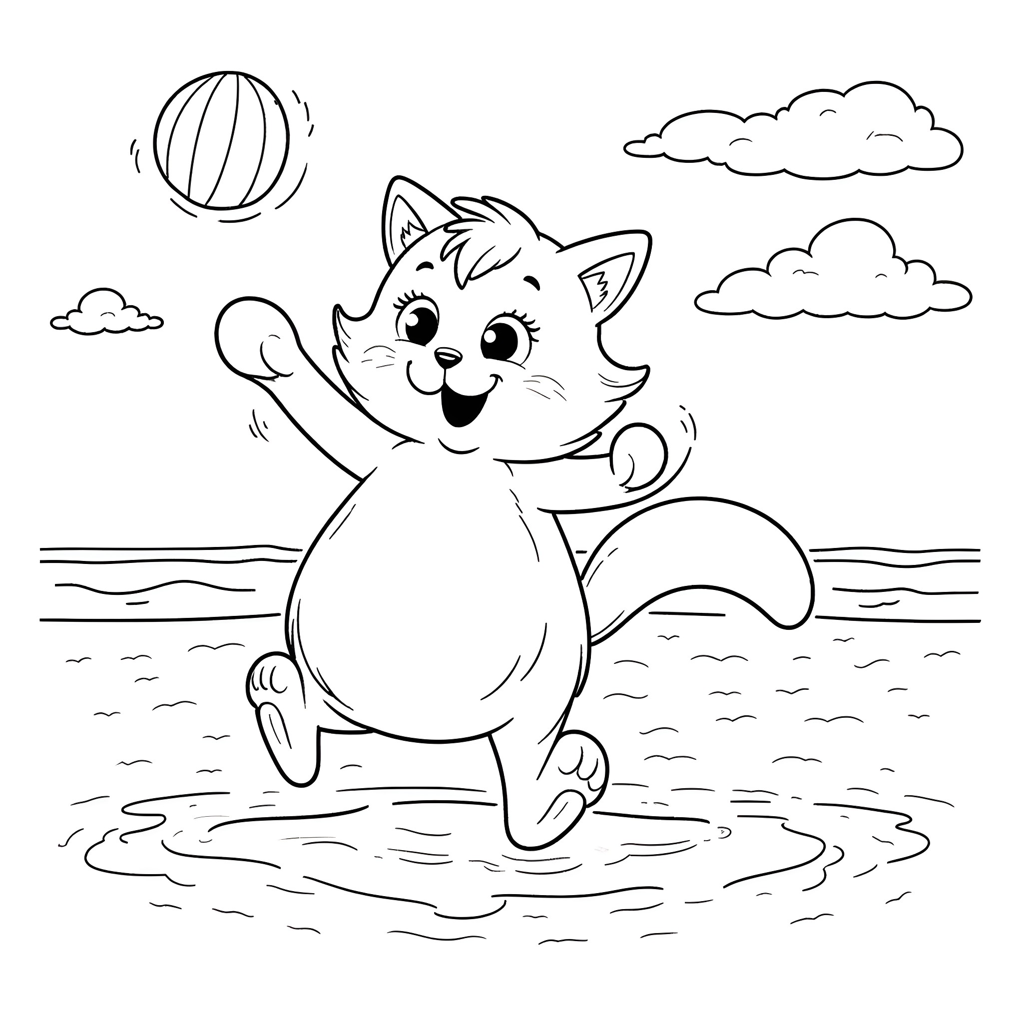 Cat happily playing in the water Coloring Page (free black-and-white line drawing printable PDF for all, from beginners to advanced learners, including children, teens, adults, and seniors)