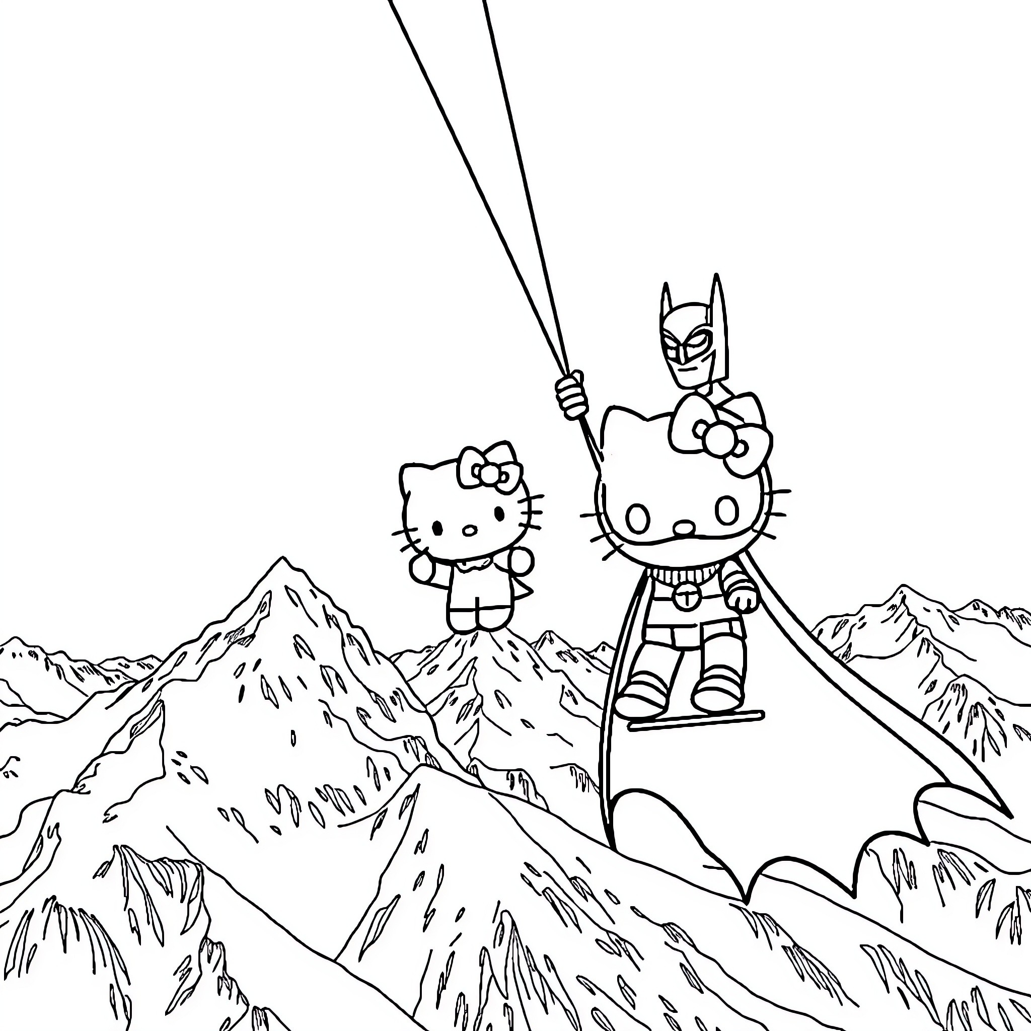 Batman and Hello Kitty's Mountainous Adventure Coloring Page (free black-and-white line drawing printable PDF for all, from beginners to advanced learners, including children, teens, adults, and seniors)
