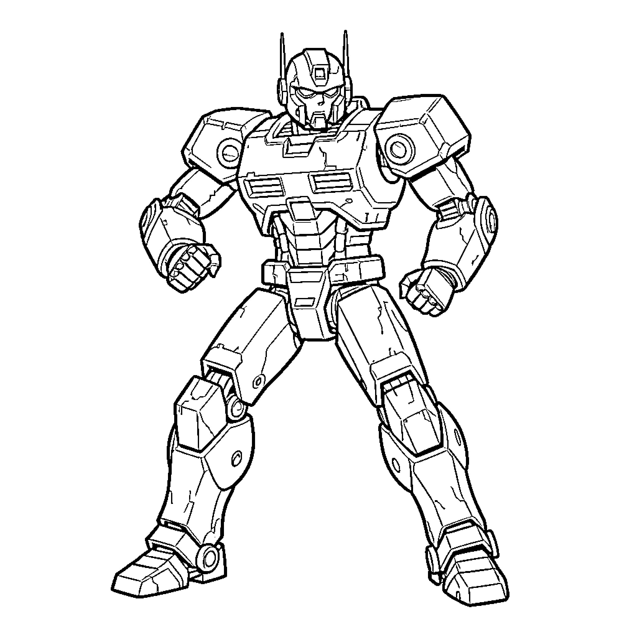 Combat Robot standing in a powerful heroic pose Coloring Page (free black-and-white line drawing printable PDF for all, from beginners to advanced learners, including children, teens, adults, and seniors)