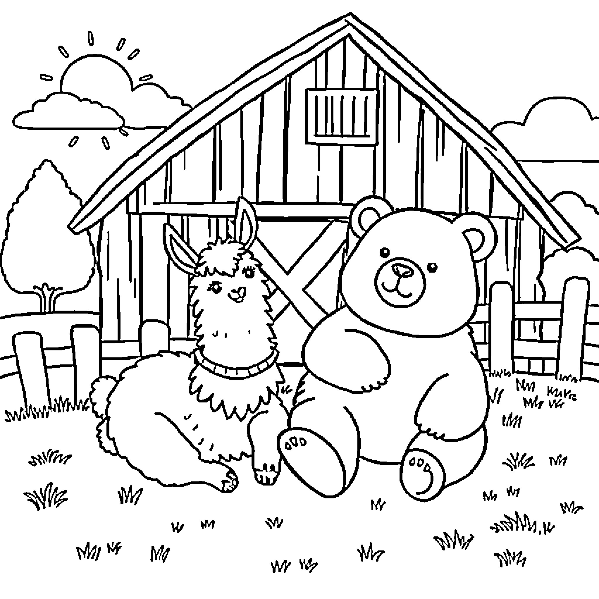 Llama and Bear Enjoying Farmyard Scenery Coloring Page (free black-and-white line drawing printable PDF for all, from beginners to advanced learners, including children, teens, adults, and seniors)