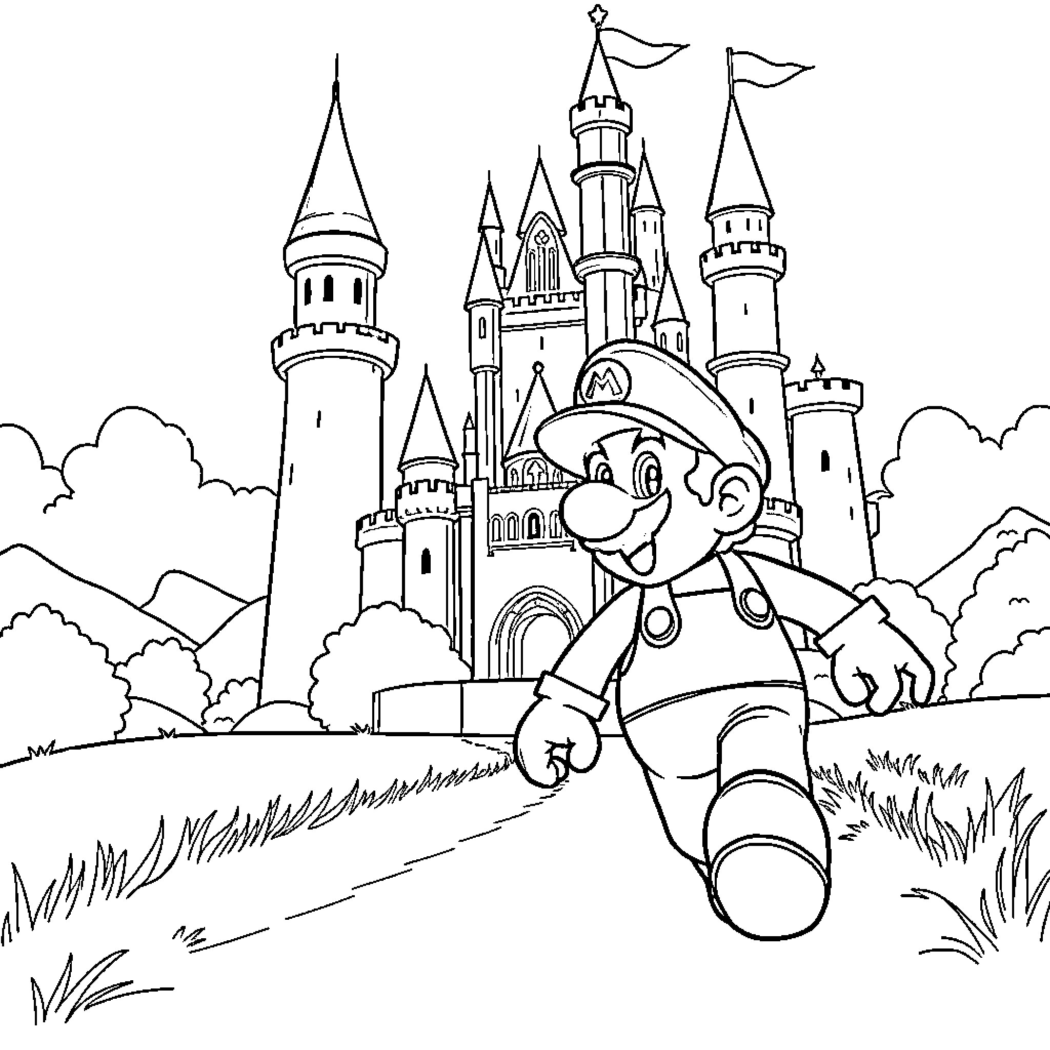 Mario's Adventure in the Magical Castle Coloring Page (free black-and-white line drawing printable PDF for all, from beginners to advanced learners, including children, teens, adults, and seniors)