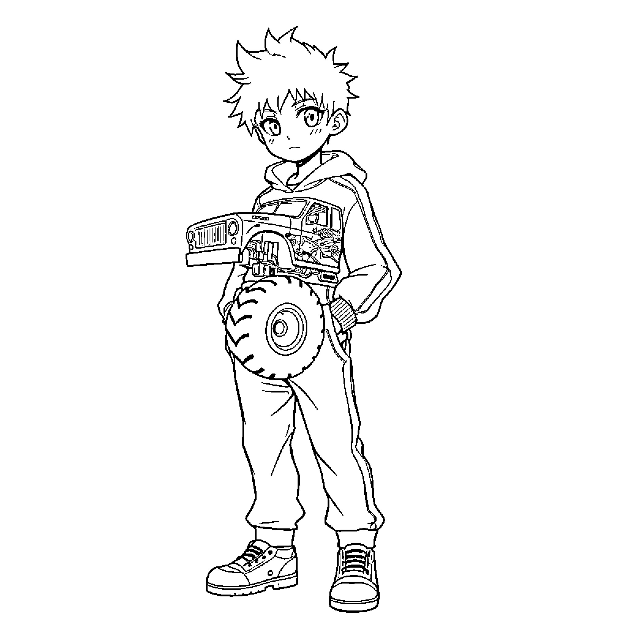 Anime Boy in Casual Outfit with Toy Truck Coloring Page (free black-and-white line drawing printable PDF for all, from beginners to advanced learners, including children, teens, adults, and seniors)