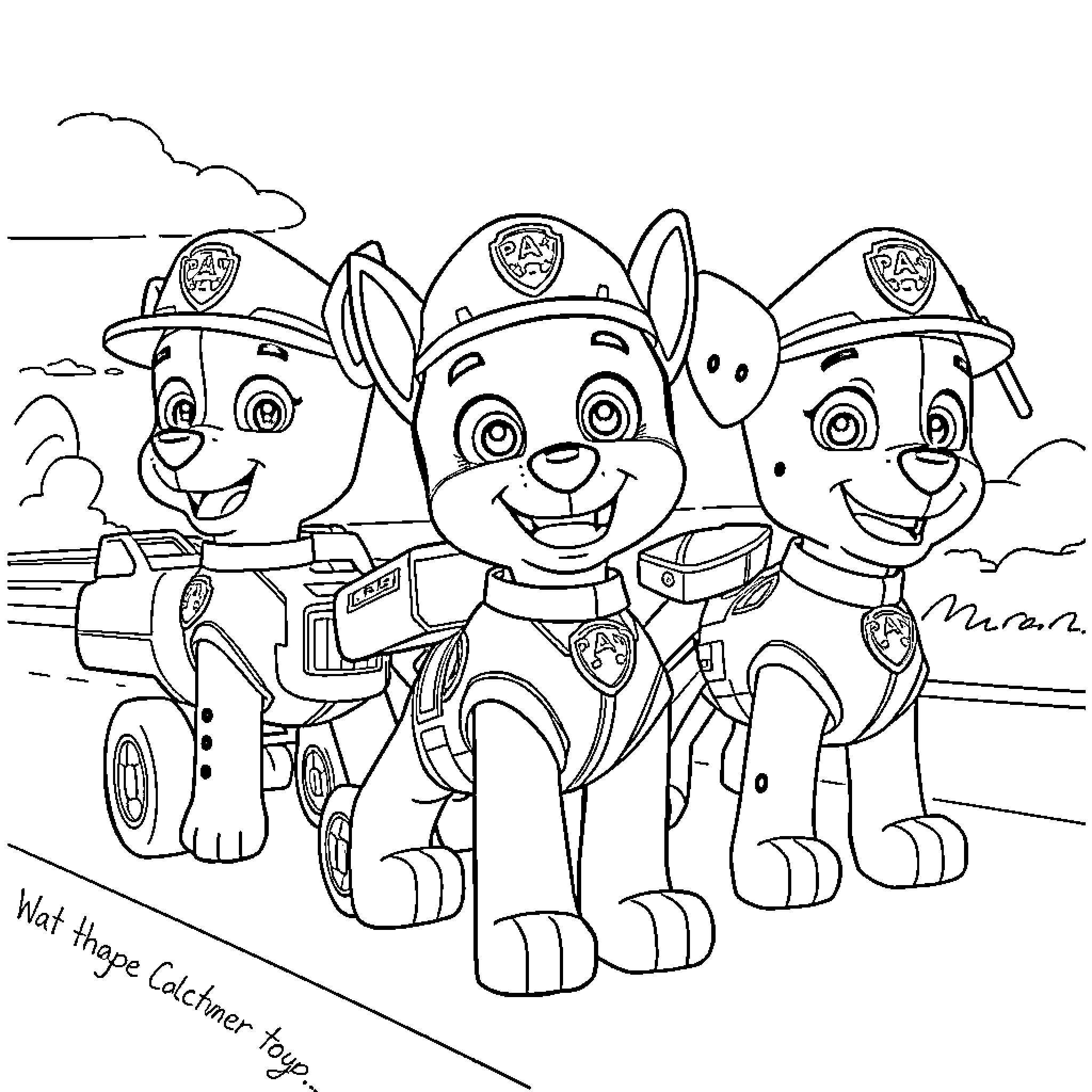 Paw Patrol Pups on Patrol Duty Coloring Page (free black-and-white line drawing printable PDF for all, from beginners to advanced learners, including children, teens, adults, and seniors)