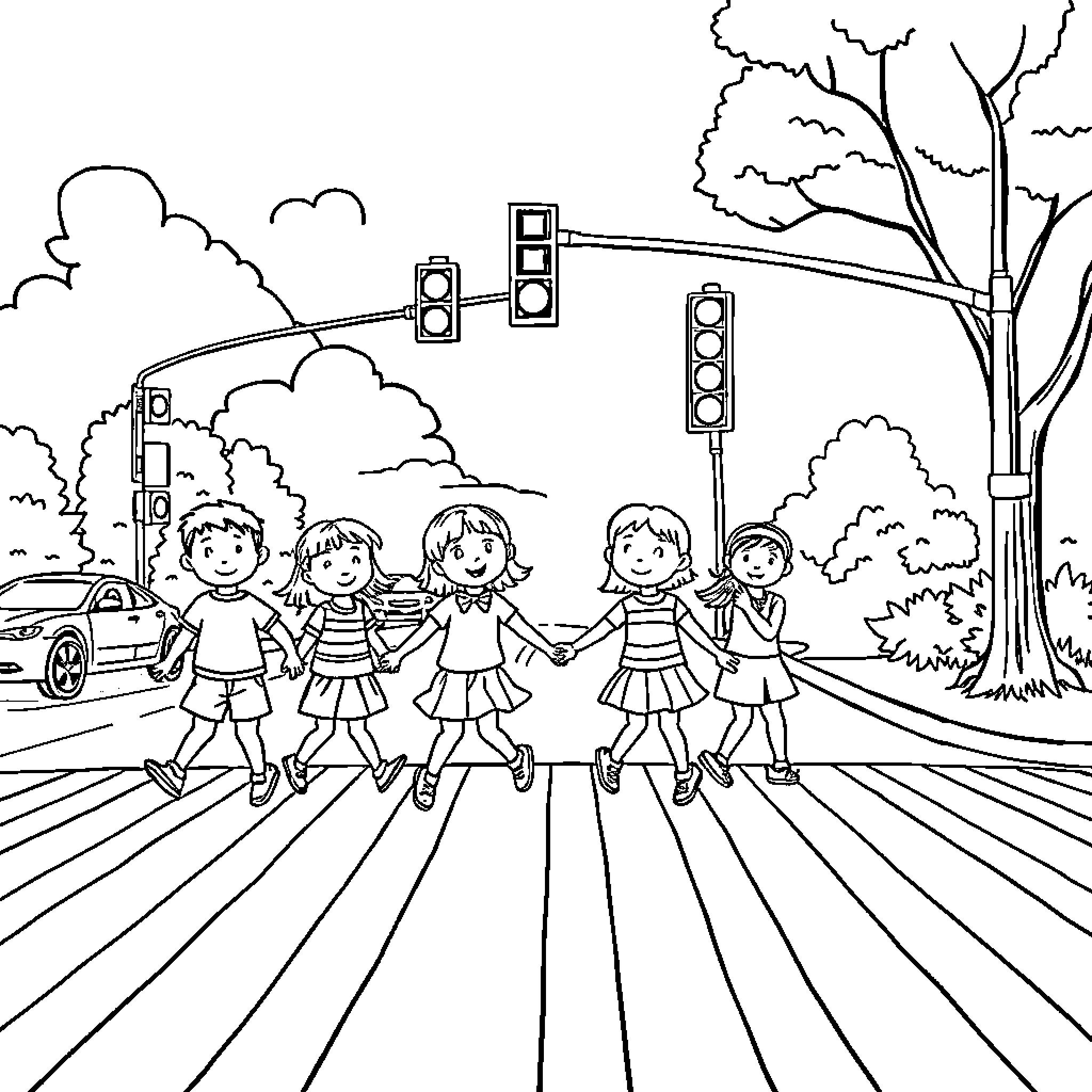 Children crossing the street in a park Coloring Page (free black-and-white line drawing printable PDF for all, from beginners to advanced learners, including children, teens, adults, and seniors)