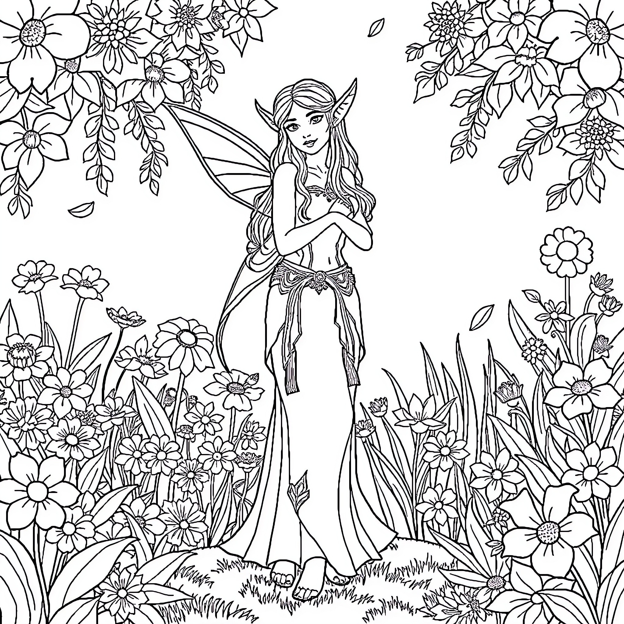 Elf amidst enchanting flower garden Coloring Page (free black-and-white line drawing printable PDF for all, from beginners to advanced learners, including children, teens, adults, and seniors)
