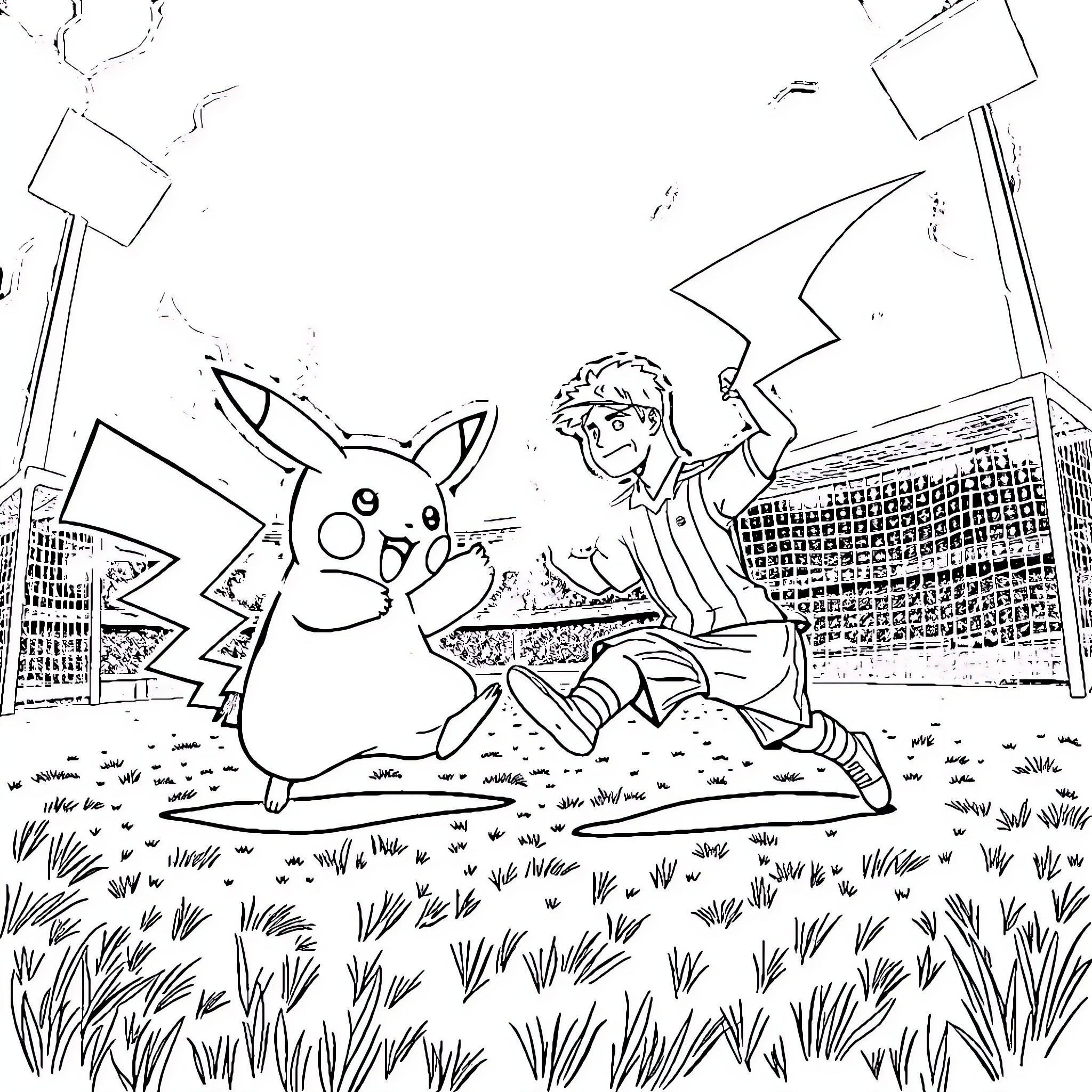 Pikachu playing joyfully with a young person in the field Coloring Page (free black-and-white line drawing printable PDF for all, from beginners to advanced learners, including children, teens, adults, and seniors)