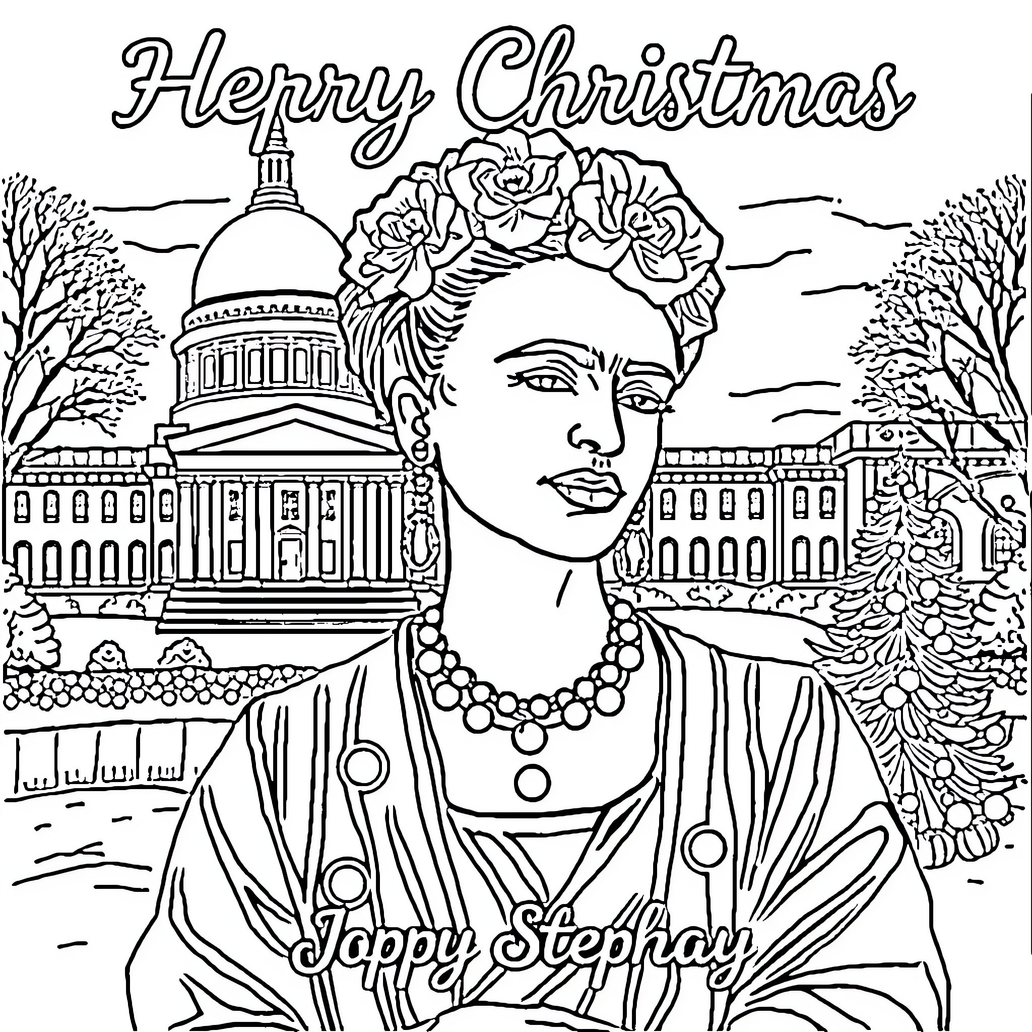 Frida Kahlo in a Winter Wonderland Coloring Page (free black-and-white line drawing printable PDF for all, from beginners to advanced learners, including children, teens, adults, and seniors)