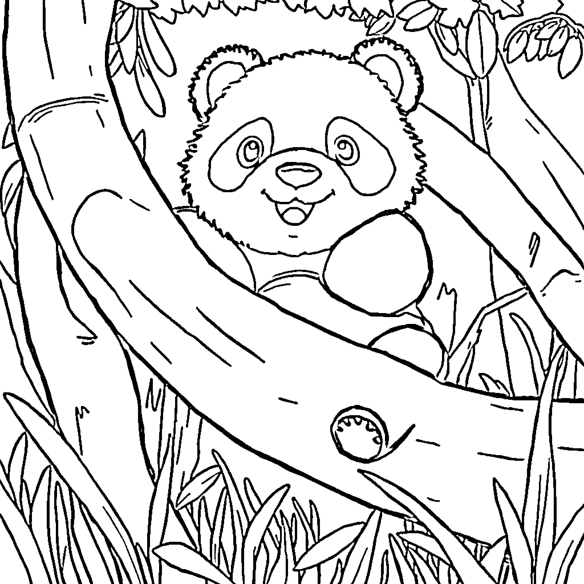 Panda relaxing in hammock among foliage Coloring Page (free black-and-white line drawing printable PDF for all, from beginners to advanced learners, including children, teens, adults, and seniors)