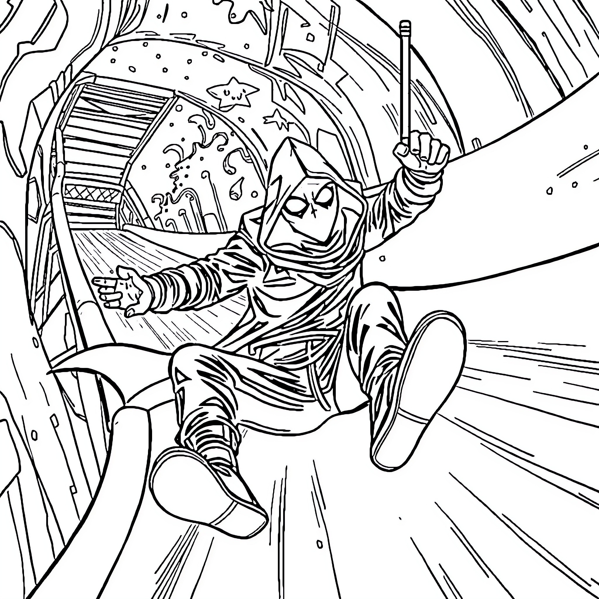 Cappuccino Superhero Swinging Through City Coloring Page (free black-and-white line drawing printable PDF for all, from beginners to advanced learners, including children, teens, adults, and seniors)