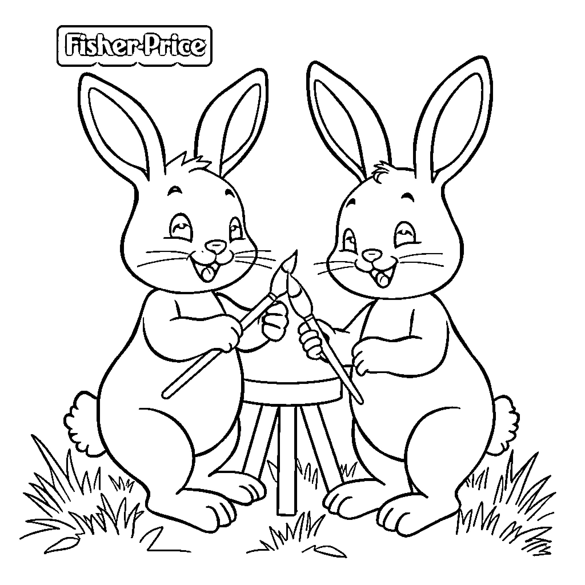 Bunny siblings playing with tools in the garden Coloring Page (free black-and-white line drawing printable PDF for all, from beginners to advanced learners, including children, teens, adults, and seniors)