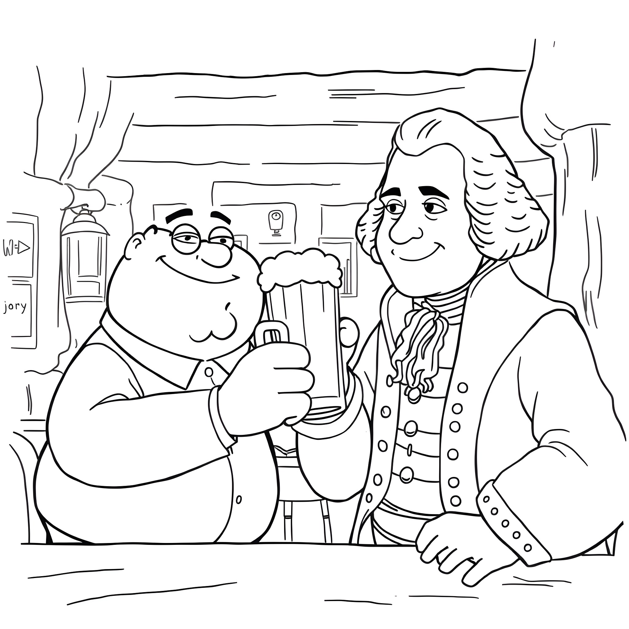 Peter Griffin Shares a Drink with Benjamin Franklin Coloring Page (free black-and-white line drawing printable PDF for all, from beginners to advanced learners, including children, teens, adults, and seniors)