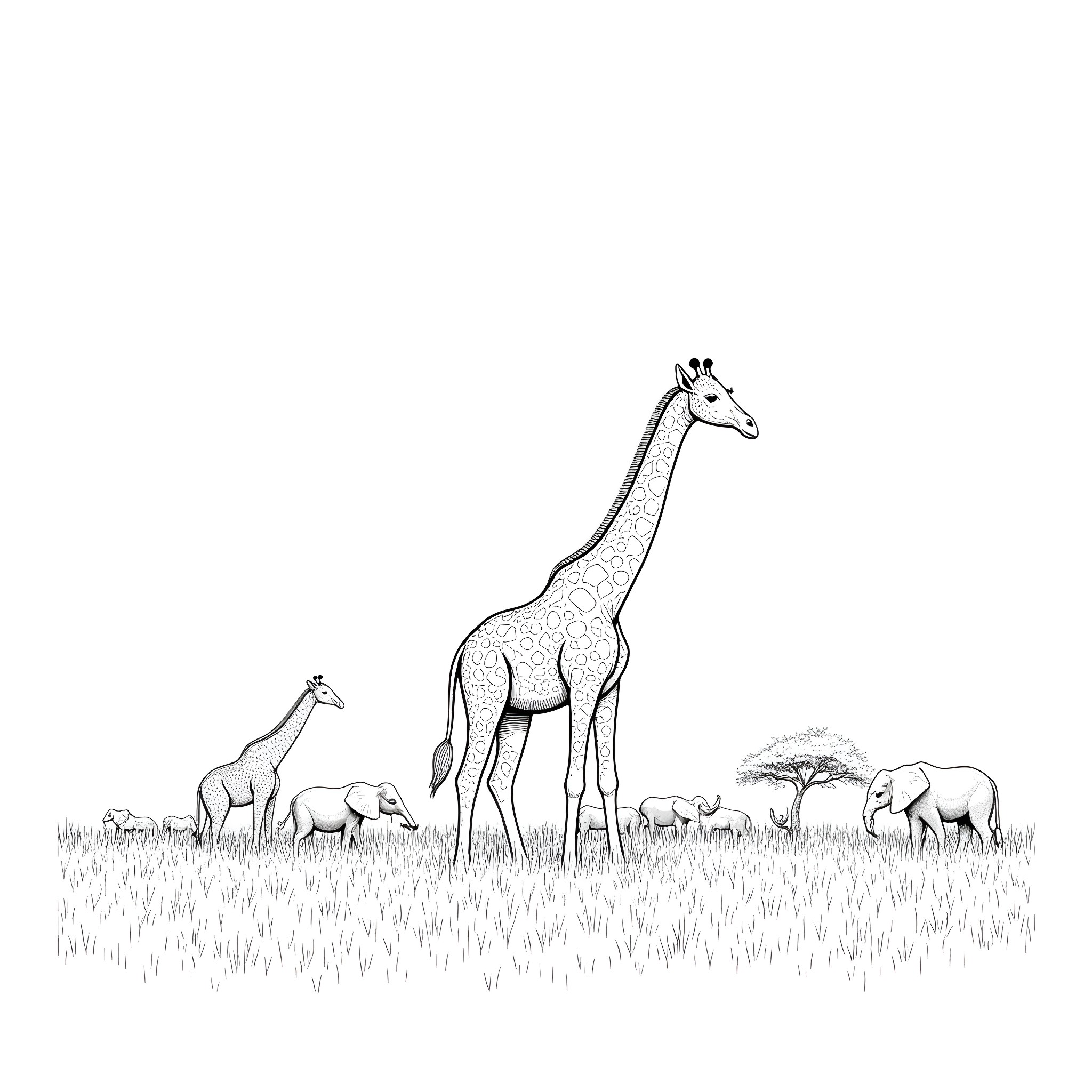 Giraffe and other animals in the savanna Coloring Page (free black-and-white line drawing printable PDF for all, from beginners to advanced learners, including children, teens, adults, and seniors)