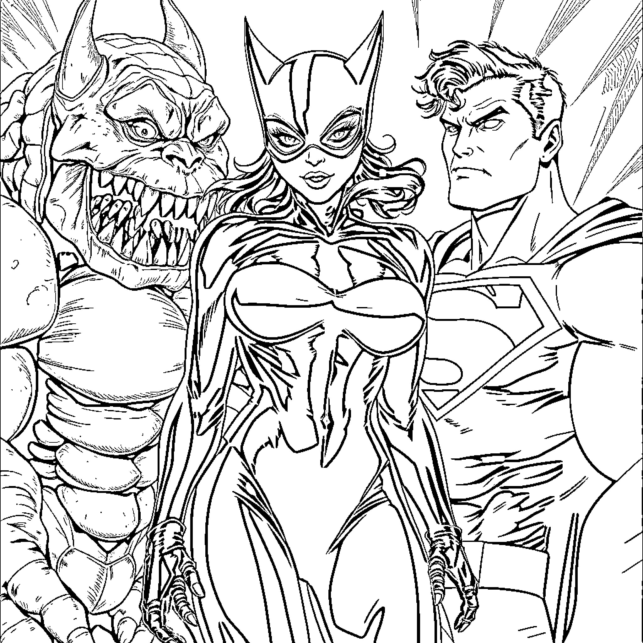 Catwoman's Fierce Encounter with Powerful Allies and Foes Coloring Page (free black-and-white line drawing printable PDF for all, from beginners to advanced learners, including children, teens, adults, and seniors)