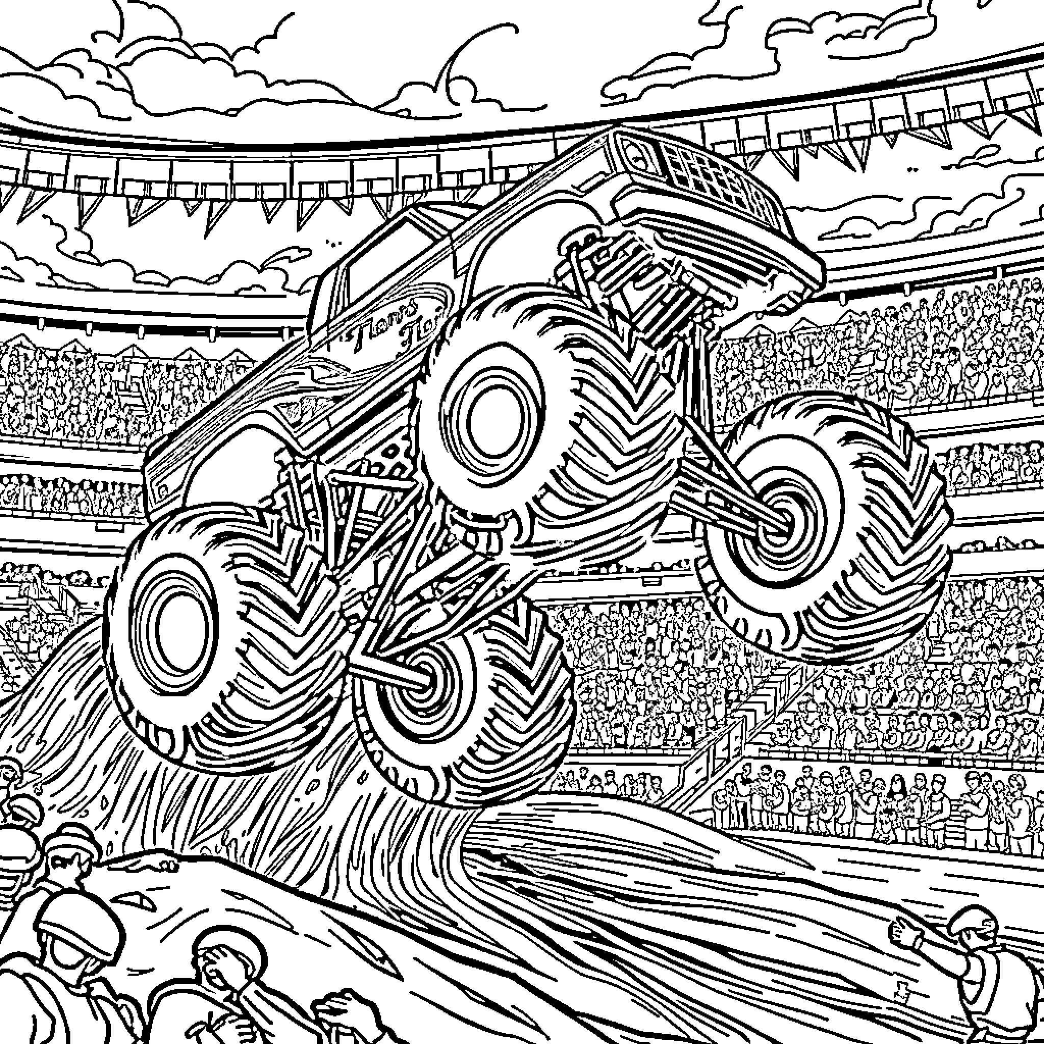 Monster Truck Performing Extreme Stunts in a Stadium Coloring Page (free black-and-white line drawing printable PDF for all, from beginners to advanced learners, including children, teens, adults, and seniors)