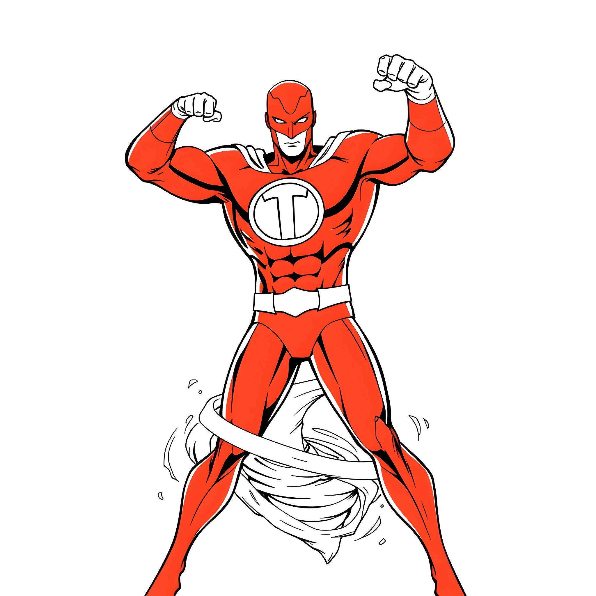 Red Tornado in heroic pose with raised fists Coloring Page (free black-and-white line drawing printable PDF for all, from beginners to advanced learners, including children, teens, adults, and seniors)