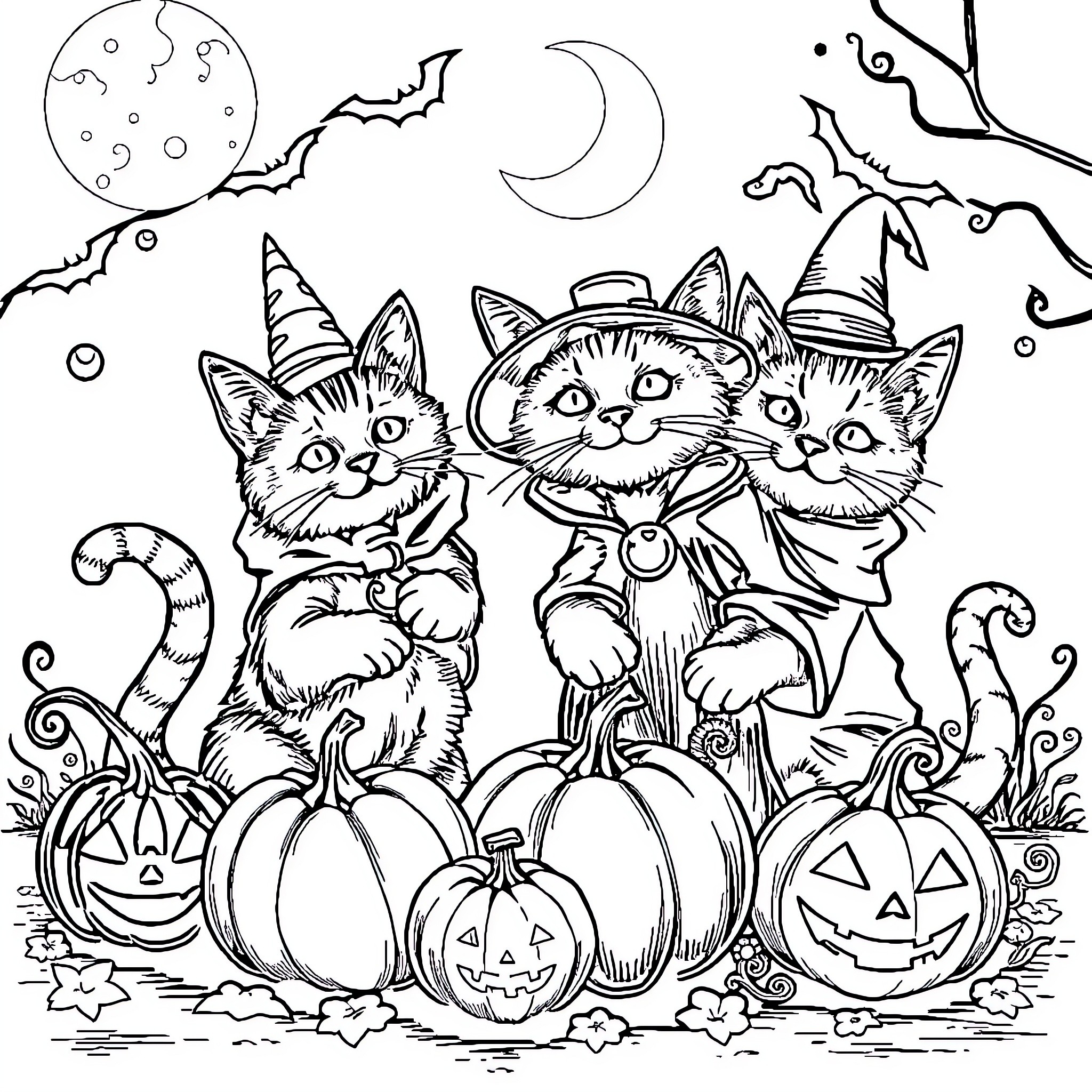 Cat Halloween party with pumpkins and bats Coloring Page (free black-and-white line drawing printable PDF for all, from beginners to advanced learners, including children, teens, adults, and seniors)