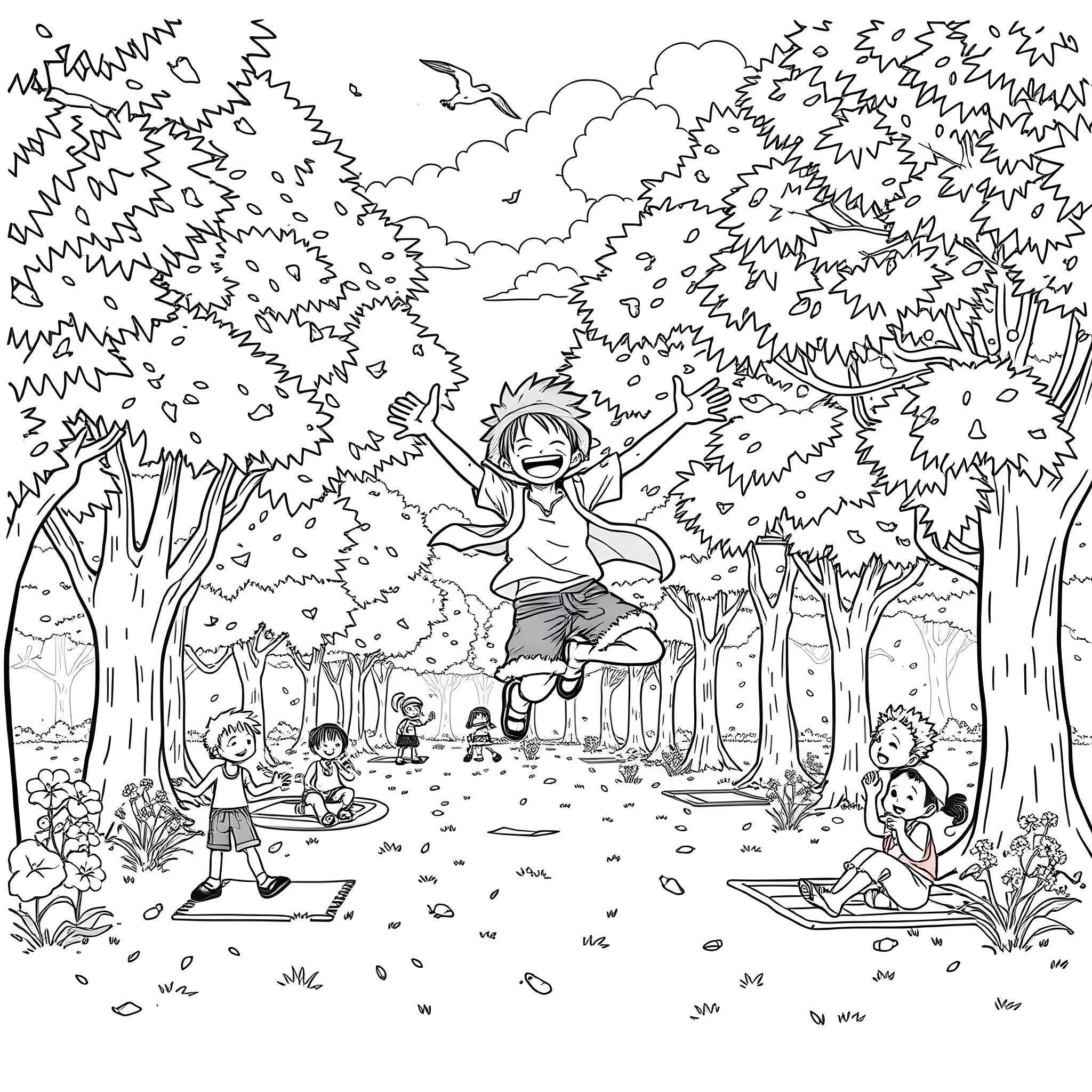 Luffy enjoying a peaceful moment in the forest Coloring Page (free black-and-white line drawing printable PDF for all, from beginners to advanced learners, including children, teens, adults, and seniors)