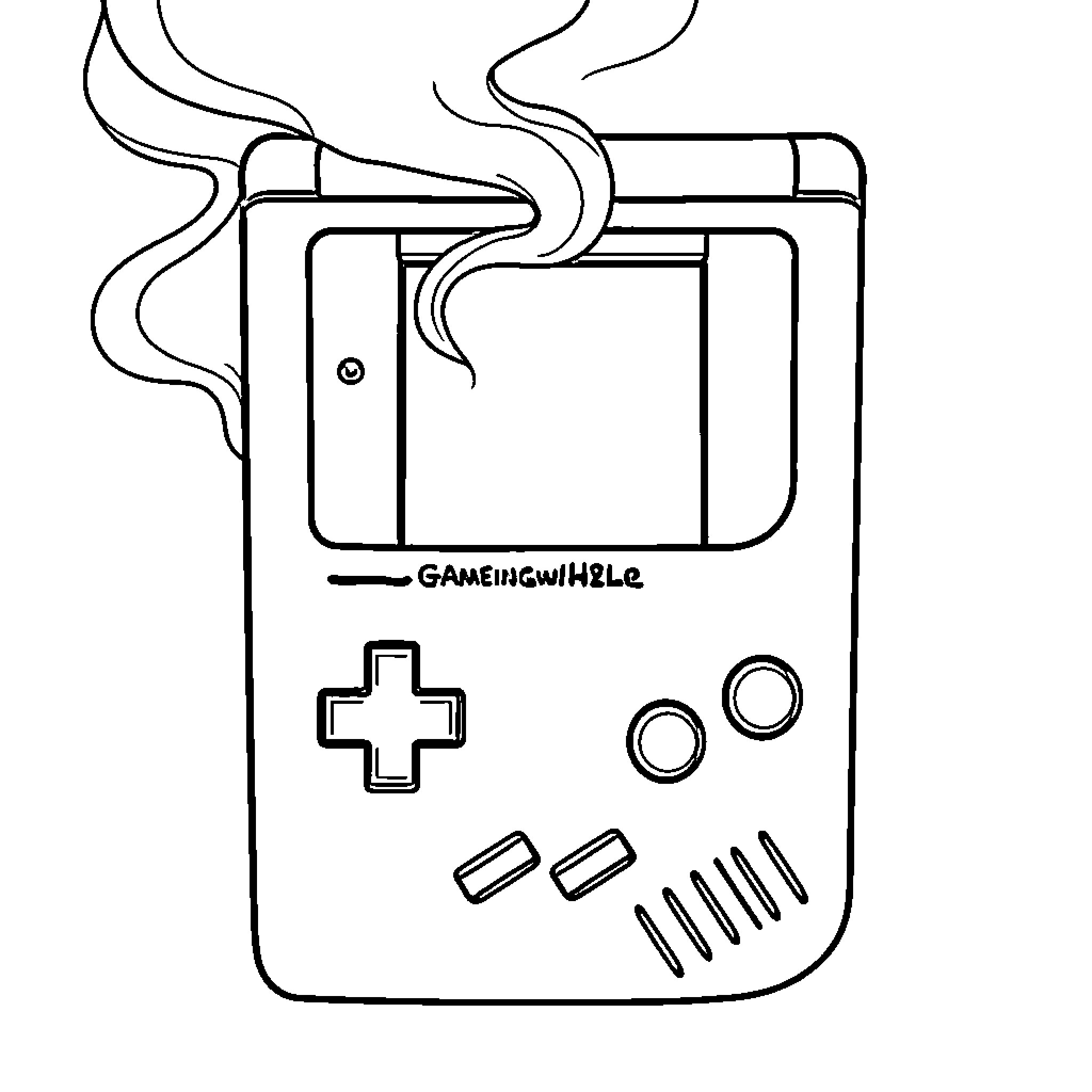 Gameboy with Smoke and Glowing Buttons Coloring Page (free black-and-white line drawing printable PDF for all, from beginners to advanced learners, including children, teens, adults, and seniors)