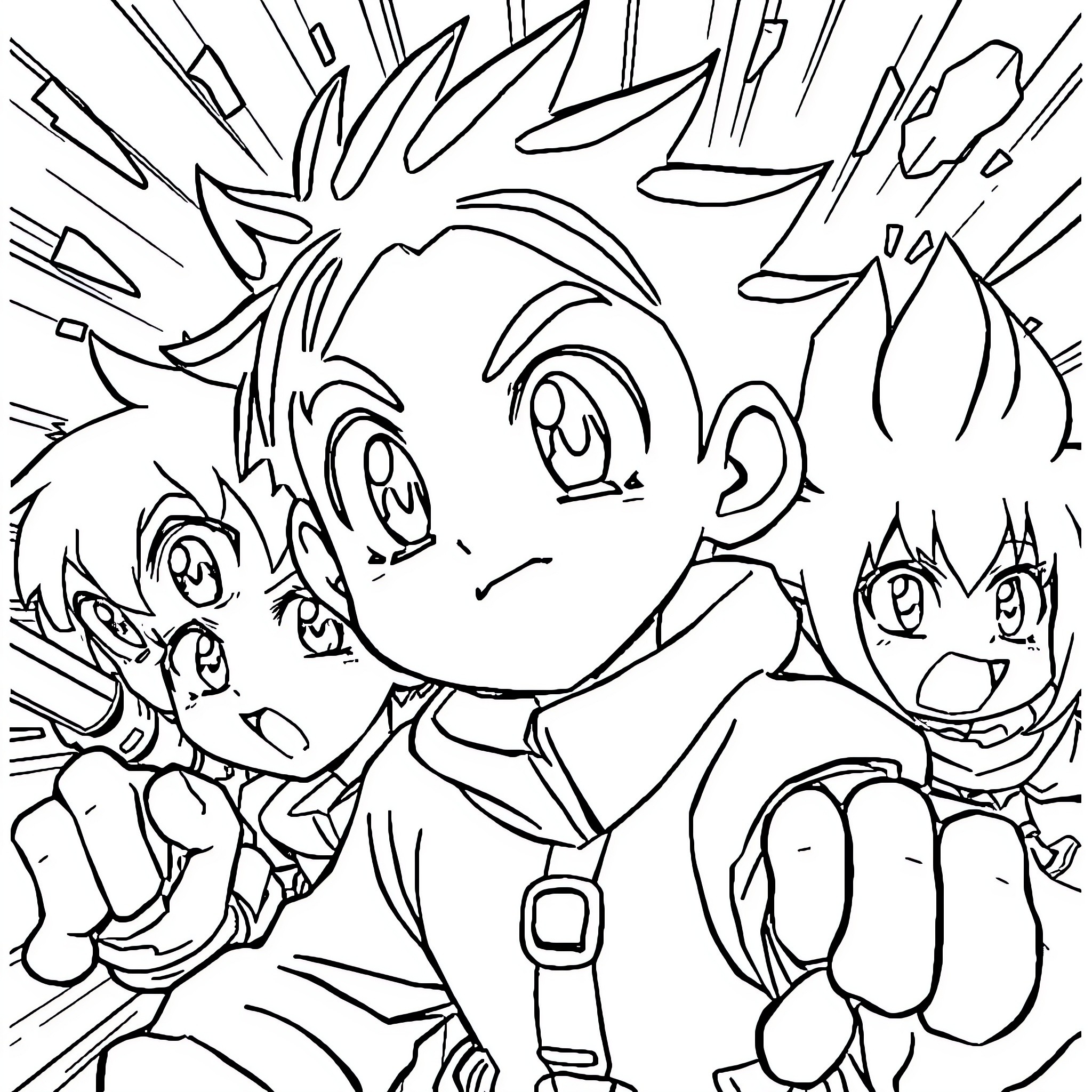 Anime Characters in Lively Expressions Coloring Page (free black-and-white line drawing printable PDF for all, from beginners to advanced learners, including children, teens, adults, and seniors)