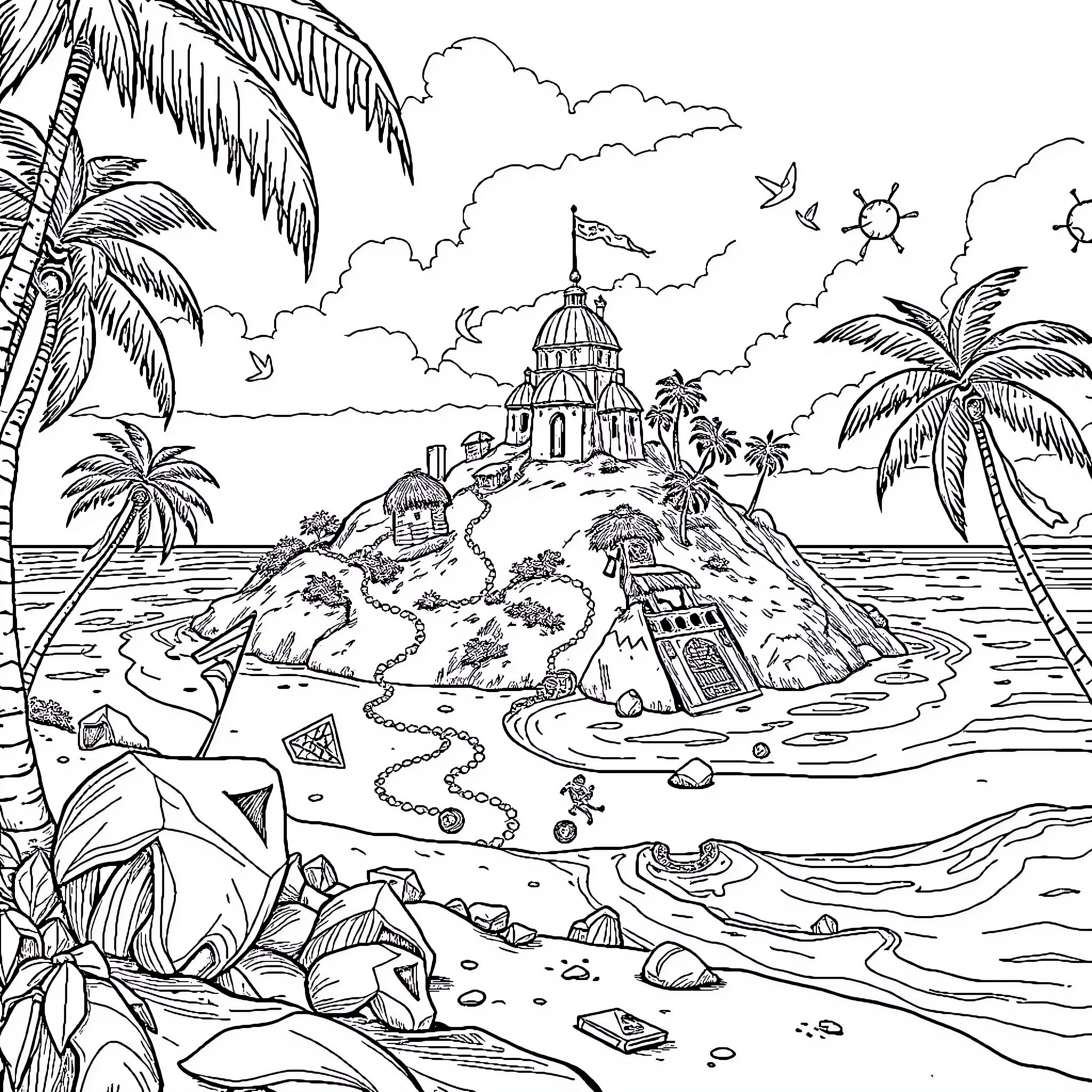 Treasure Map of a Tropical Island Paradise Coloring Page (free black-and-white line drawing printable PDF for all, from beginners to advanced learners, including children, teens, adults, and seniors)