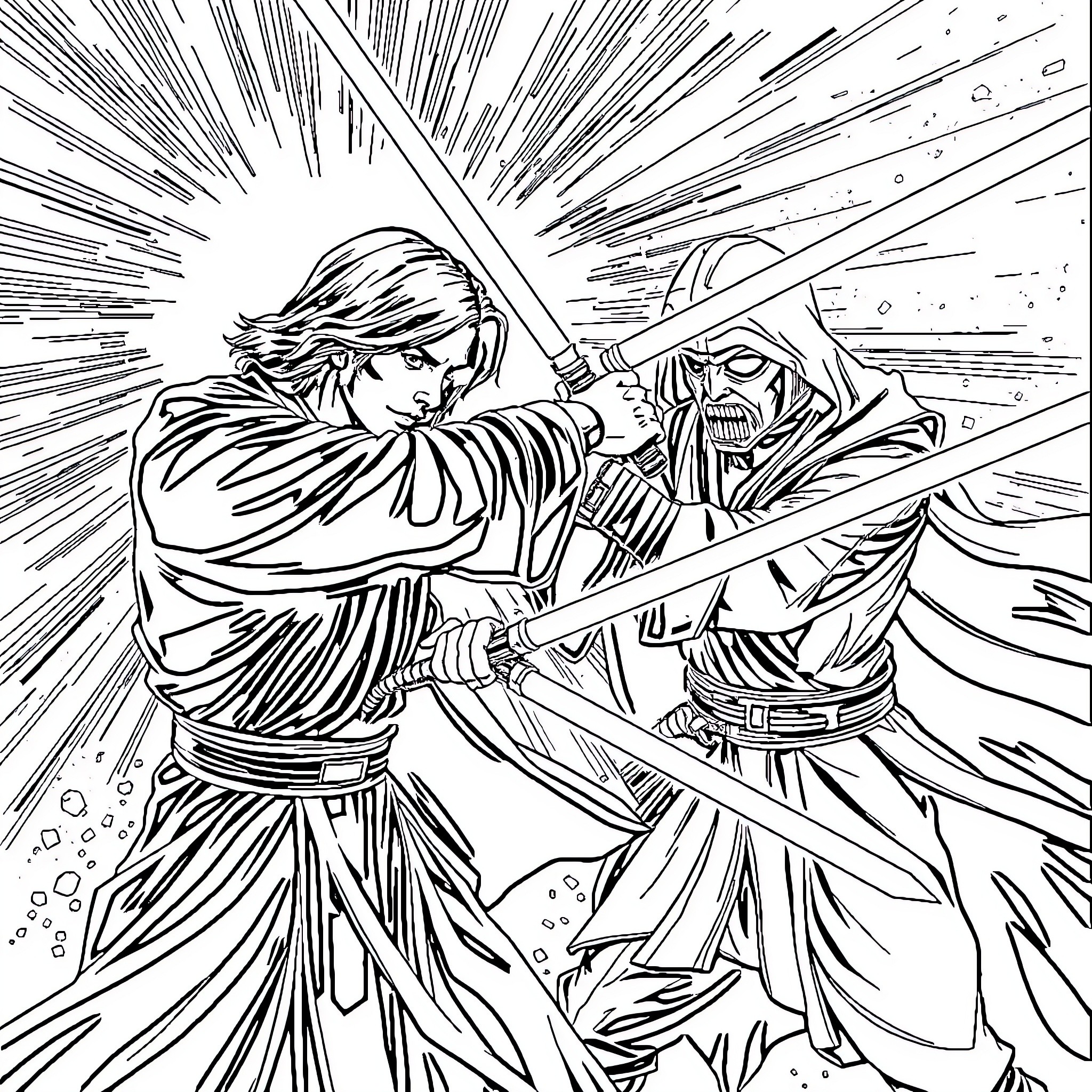 Anakin's Fierce Lightsaber Duel Coloring Page (free black-and-white line drawing printable PDF for all, from beginners to advanced learners, including children, teens, adults, and seniors)