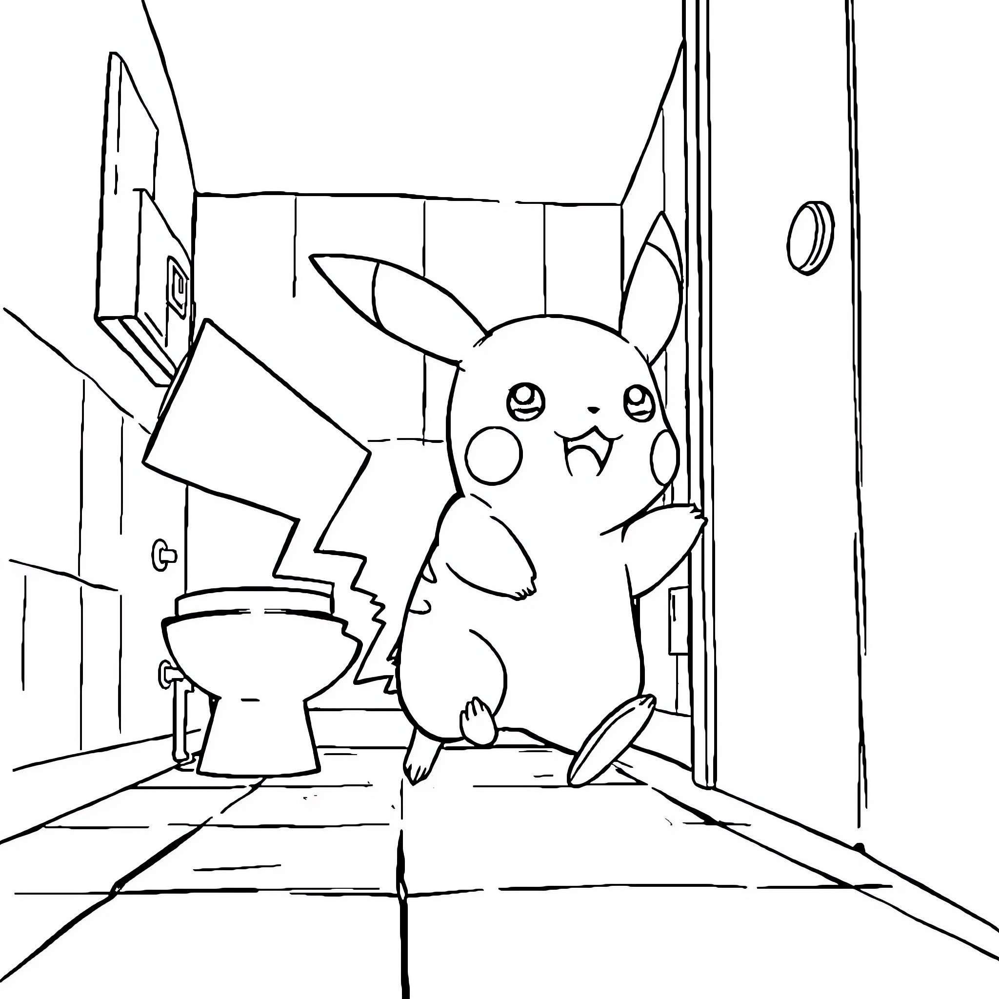 Pikachu in a Quirky Bathroom Scene Coloring Page (free black-and-white line drawing printable PDF for all, from beginners to advanced learners, including children, teens, adults, and seniors)