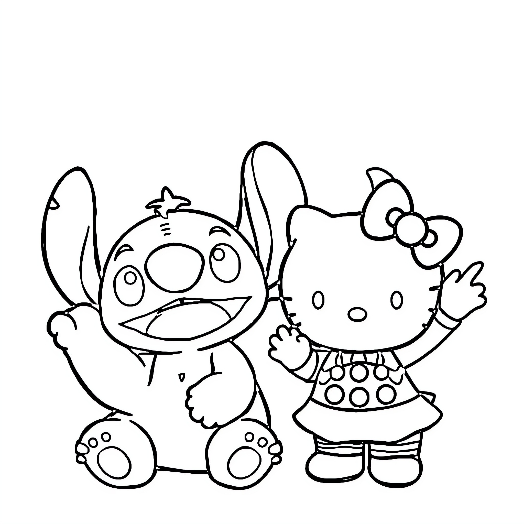 Hello Kitty and Stitch Hanging Out Together Coloring Page (free black-and-white line drawing printable PDF for all, from beginners to advanced learners, including children, teens, adults, and seniors)