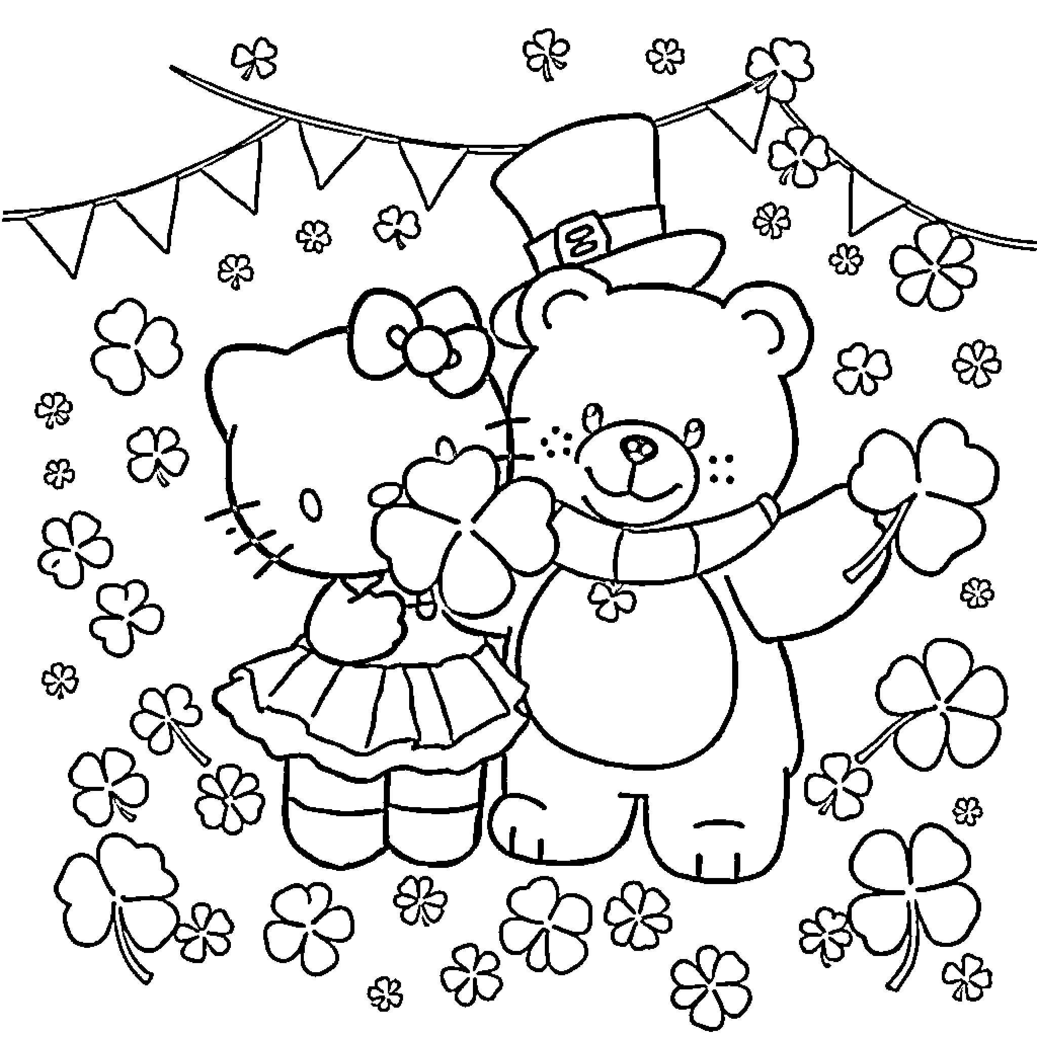 Hello Kitty celebrates St. Patrick's Day with friends Coloring Page (free black-and-white line drawing printable PDF for all, from beginners to advanced learners, including children, teens, adults, and seniors)