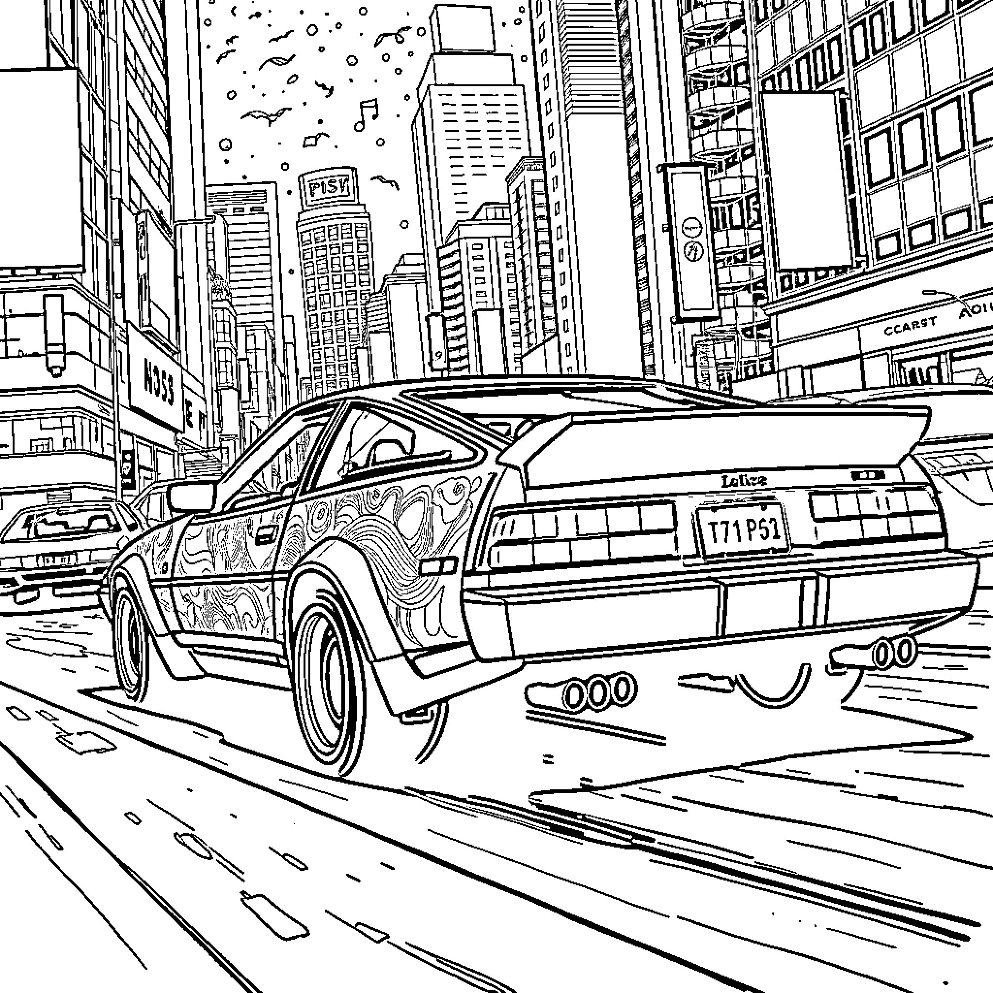 Celica racing through the bustling city streets Coloring Page (free black-and-white line drawing printable PDF for all, from beginners to advanced learners, including children, teens, adults, and seniors)