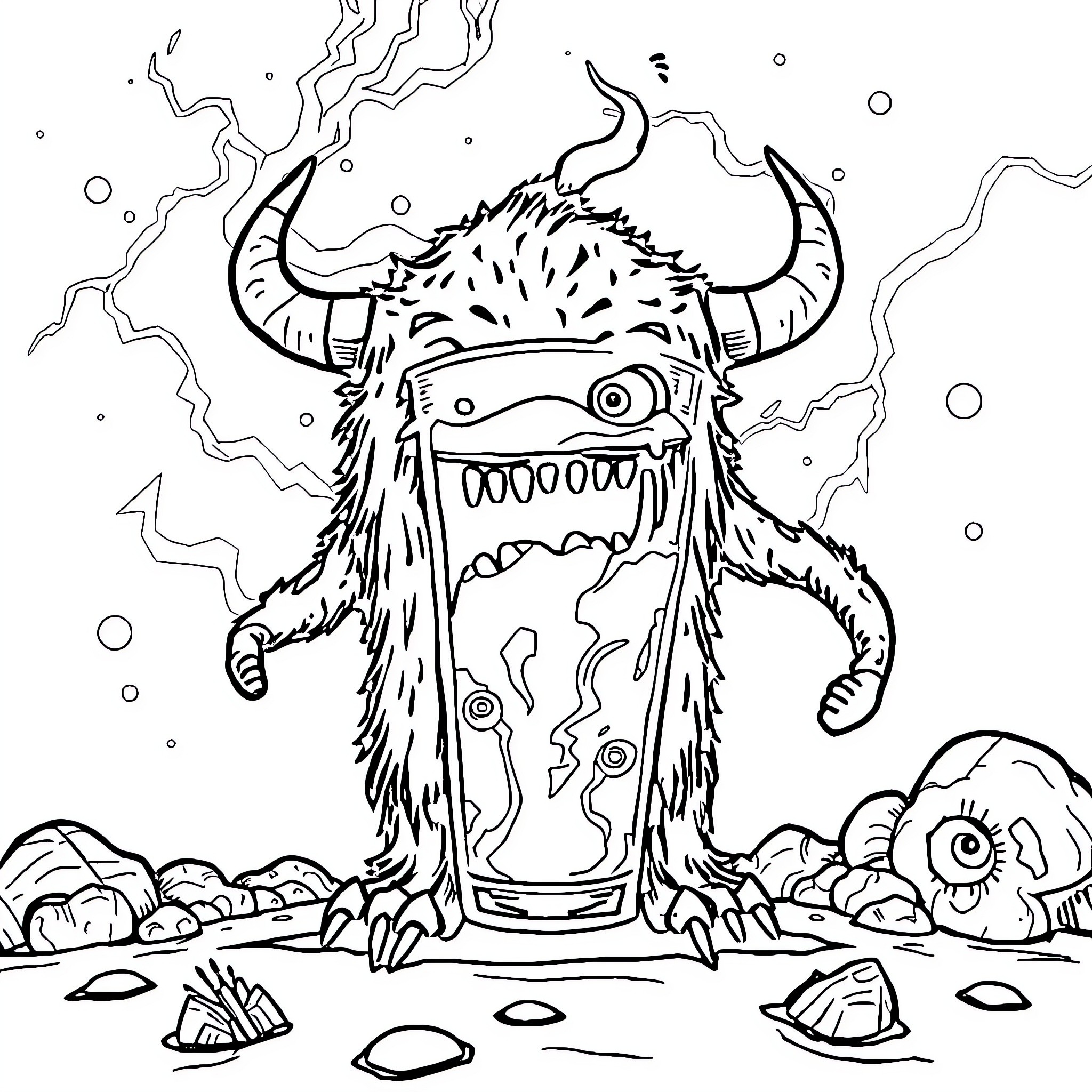 Monster with horns and fangs in a chaotic landscape Coloring Page (free black-and-white line drawing printable PDF for all, from beginners to advanced learners, including children, teens, adults, and seniors)