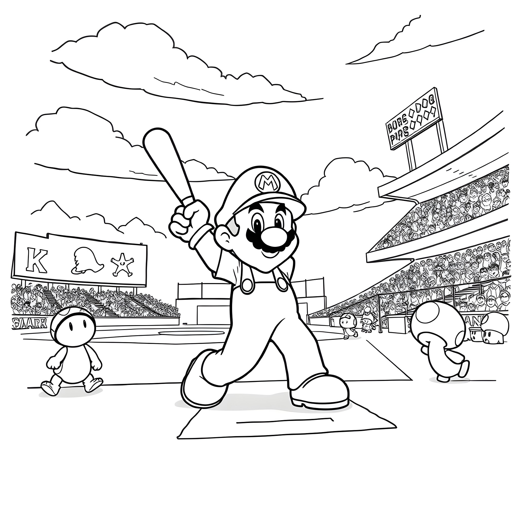 Mario playing baseball in the stadium Coloring Page (free black-and-white line drawing printable PDF for all, from beginners to advanced learners, including children, teens, adults, and seniors)