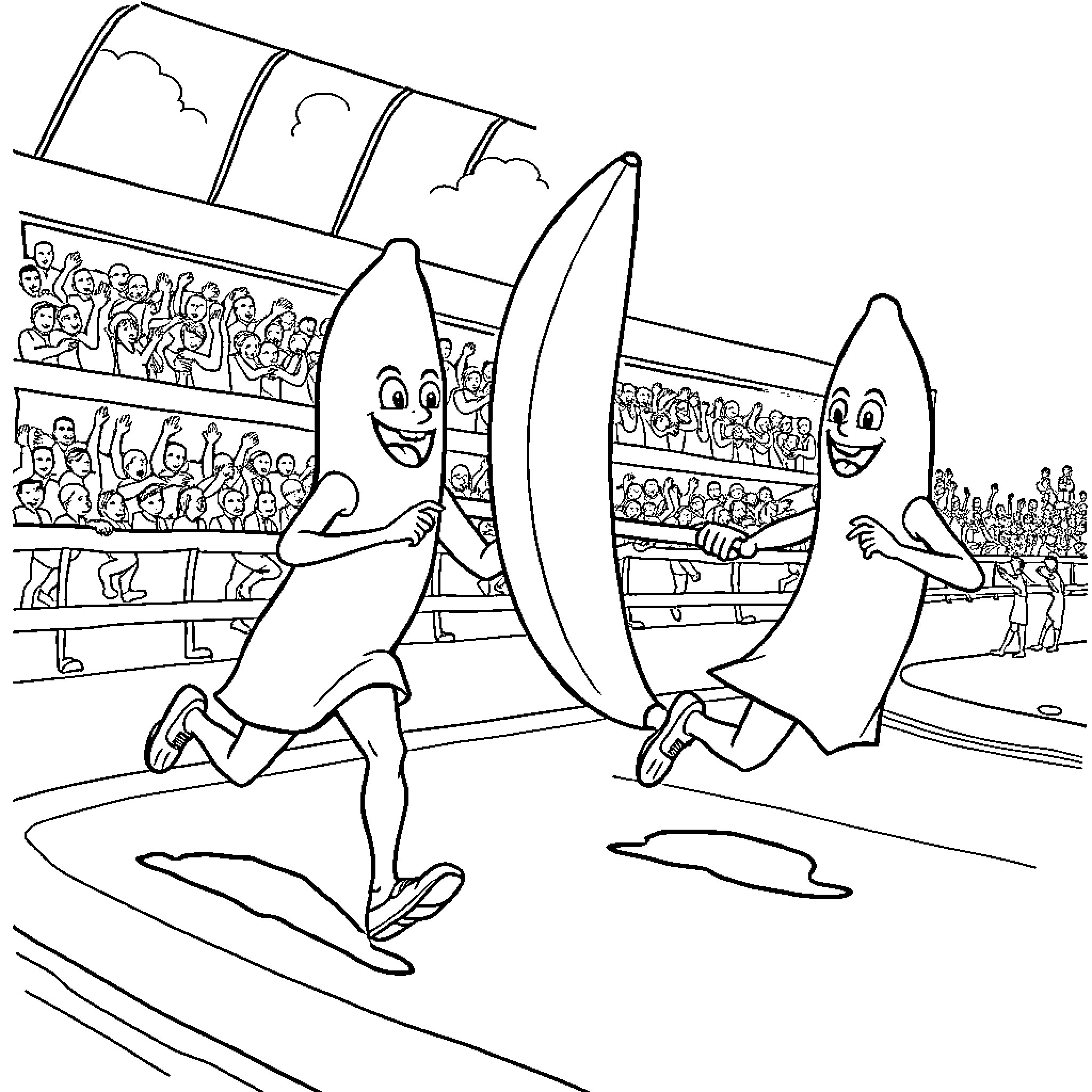 Bananas playing in a sports competition Coloring Page (free black-and-white line drawing printable PDF for all, from beginners to advanced learners, including children, teens, adults, and seniors)