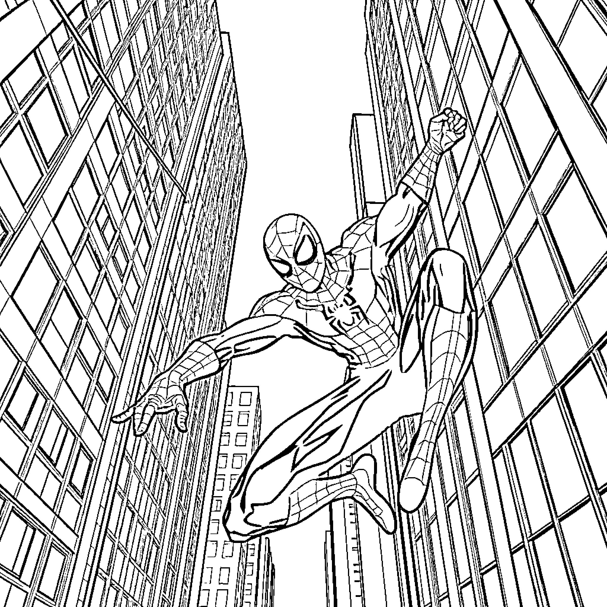 Spiderman scaling tall buildings in the city Coloring Page (free black-and-white line drawing printable PDF for all, from beginners to advanced learners, including children, teens, adults, and seniors)