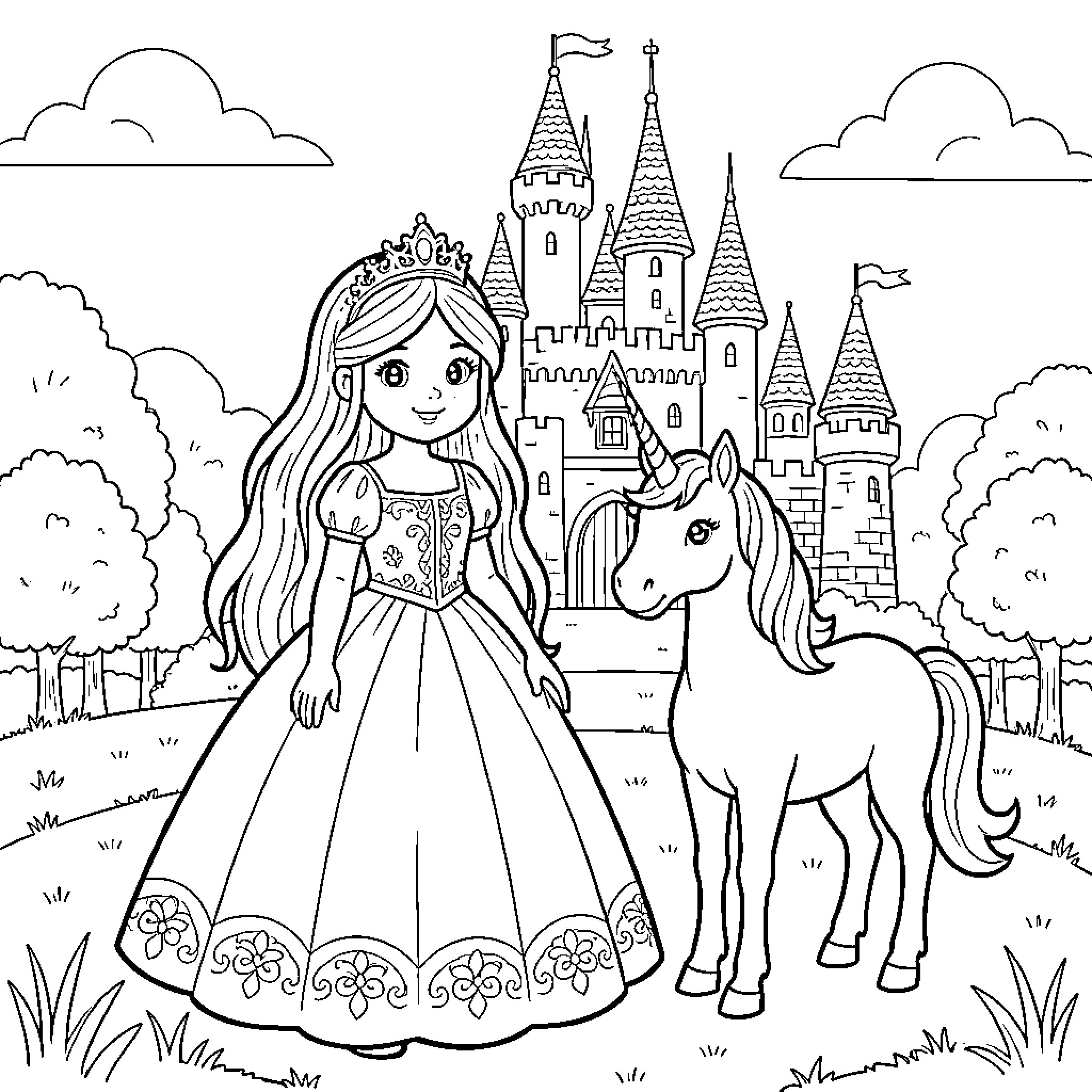Princesse standing gracefully with a unicorn near a castle Coloring Page (free black-and-white line drawing printable PDF for all, from beginners to advanced learners, including children, teens, adults, and seniors)