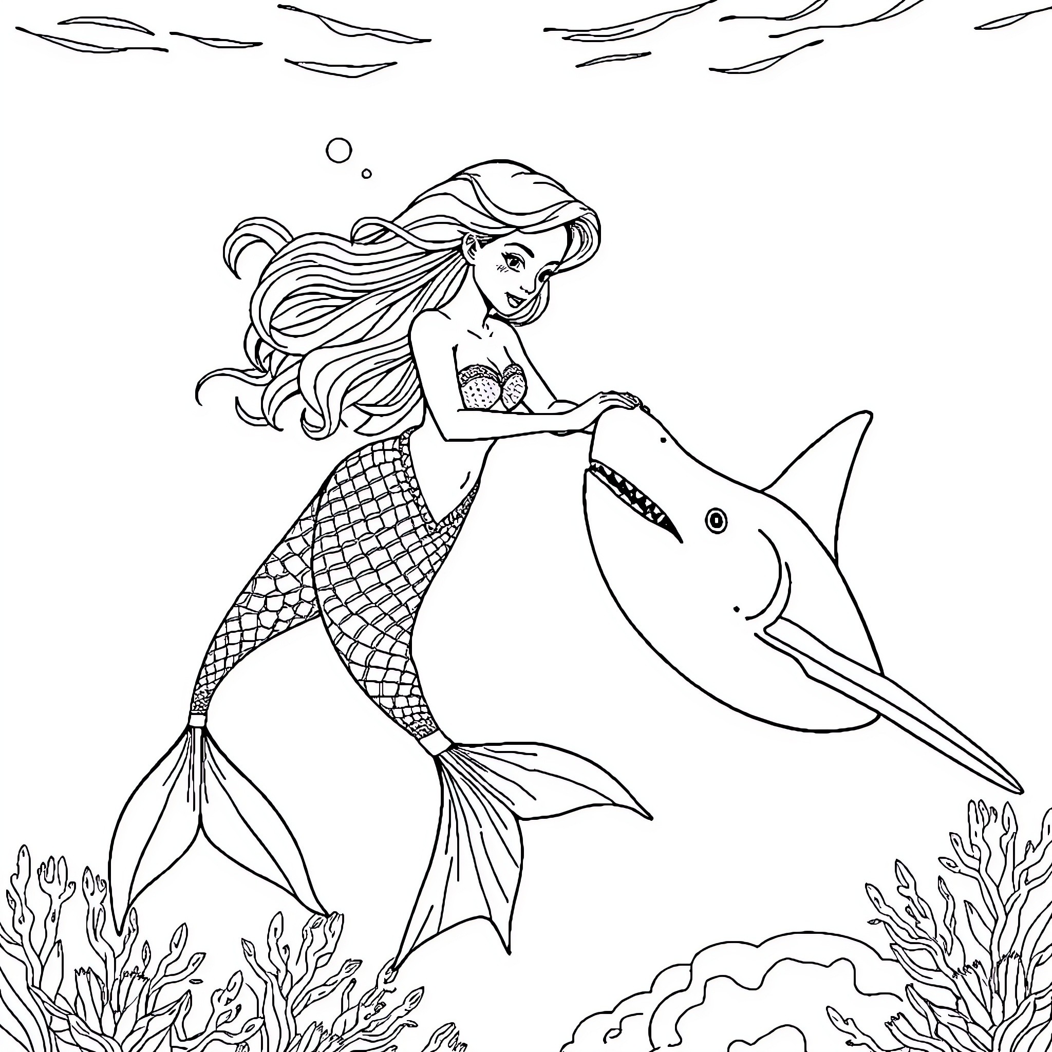 Mermaid swimming with a friendly shark Coloring Page (free black-and-white line drawing printable PDF for all, from beginners to advanced learners, including children, teens, adults, and seniors)