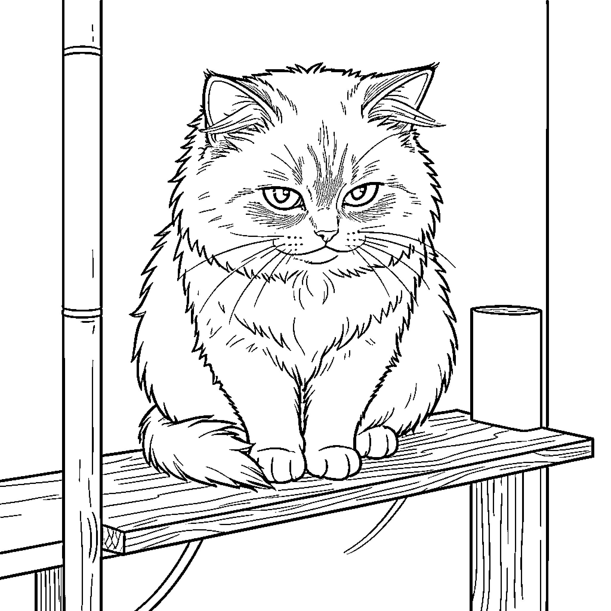 Ragdoll Cat sitting on a shelf Coloring Page (free black-and-white line drawing printable PDF for all, from beginners to advanced learners, including children, teens, adults, and seniors)