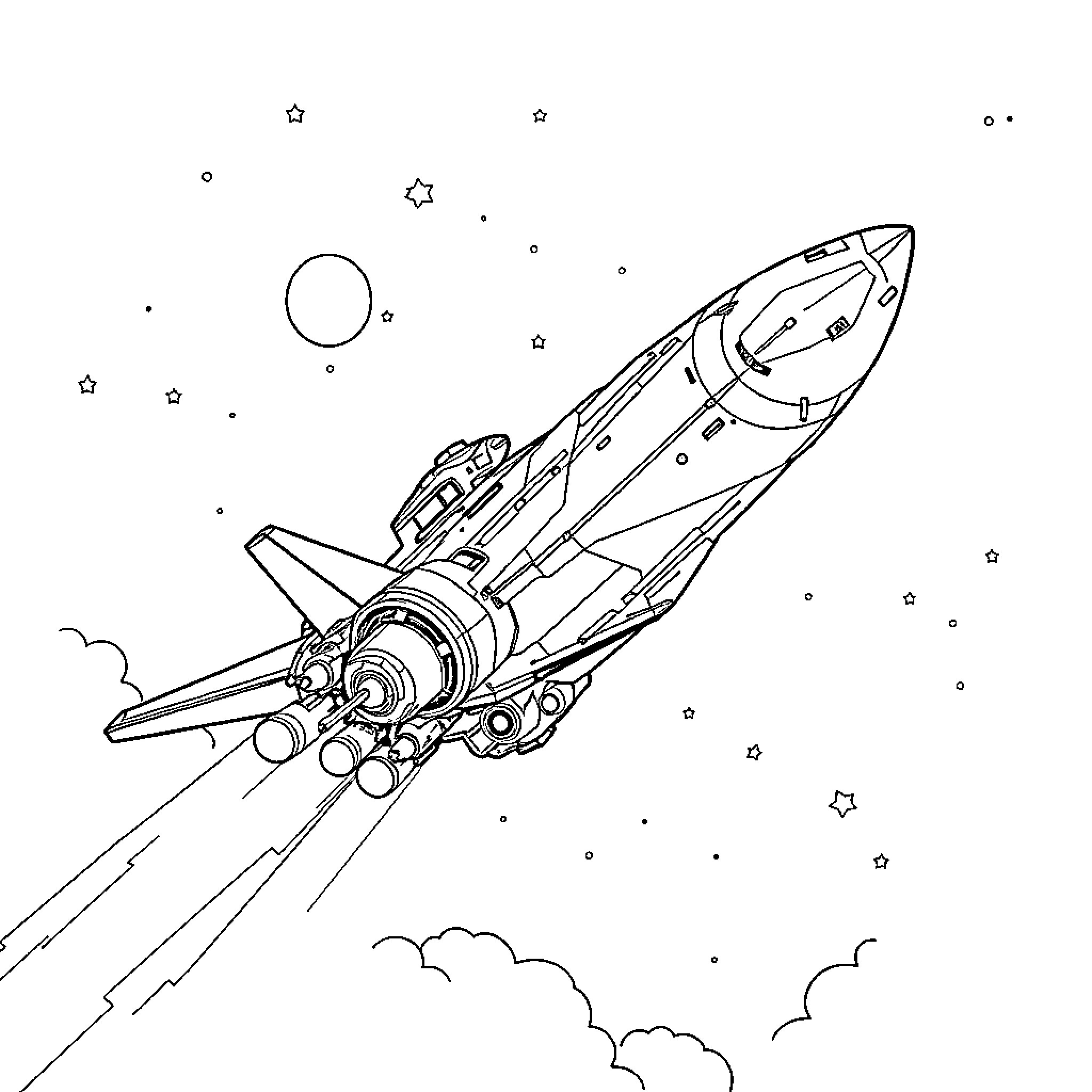 Starship soaring through the cosmos Coloring Page (free black-and-white line drawing printable PDF for all, from beginners to advanced learners, including children, teens, adults, and seniors)