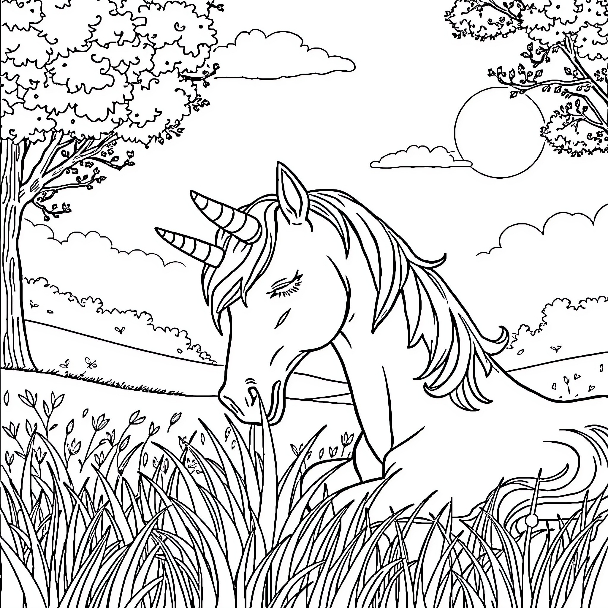 Unicorn standing in a serene natural landscape Coloring Page (free black-and-white line drawing printable PDF for all, from beginners to advanced learners, including children, teens, adults, and seniors)