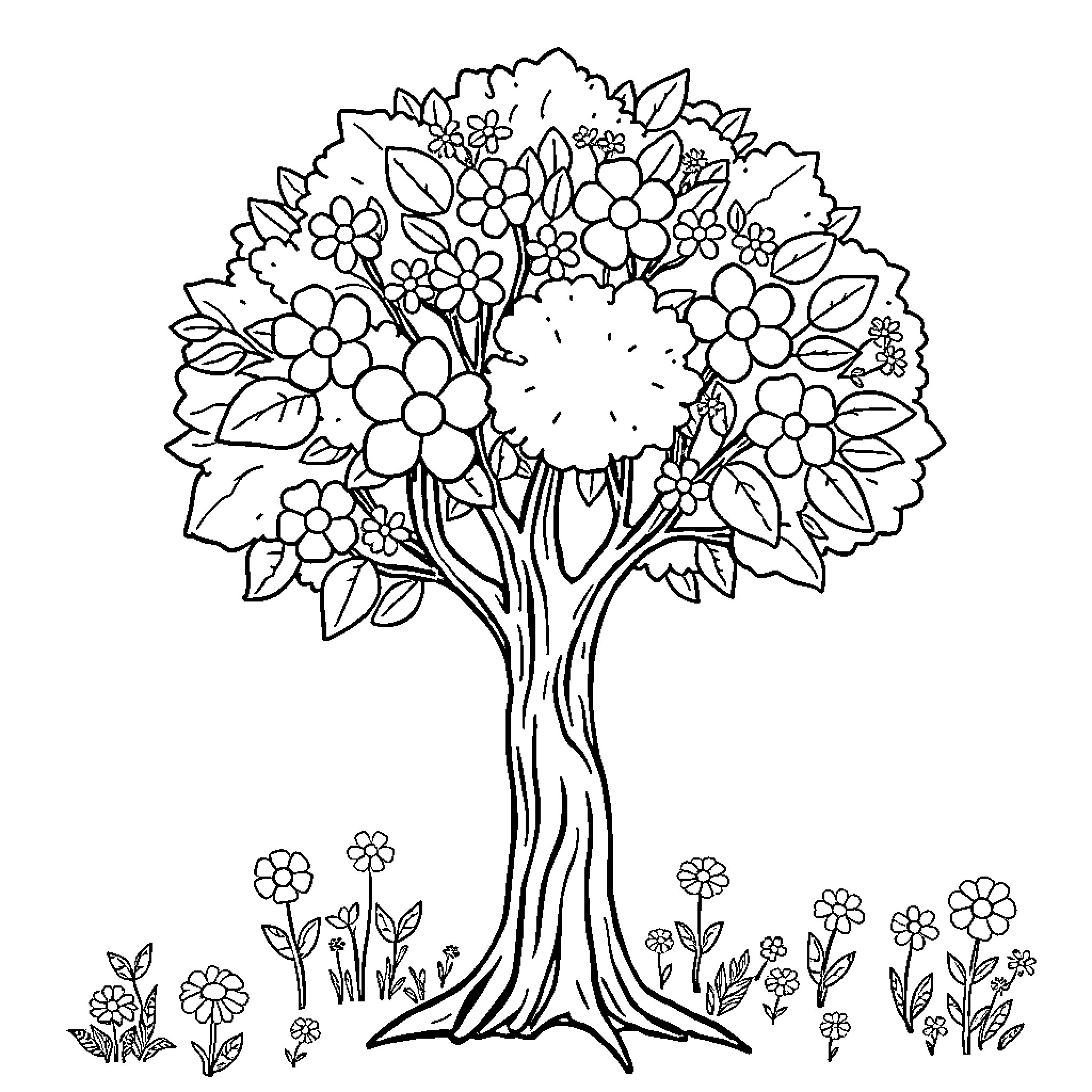 Tree with blooming flowers in the garden Coloring Page (free black-and-white line drawing printable PDF for all, from beginners to advanced learners, including children, teens, adults, and seniors)