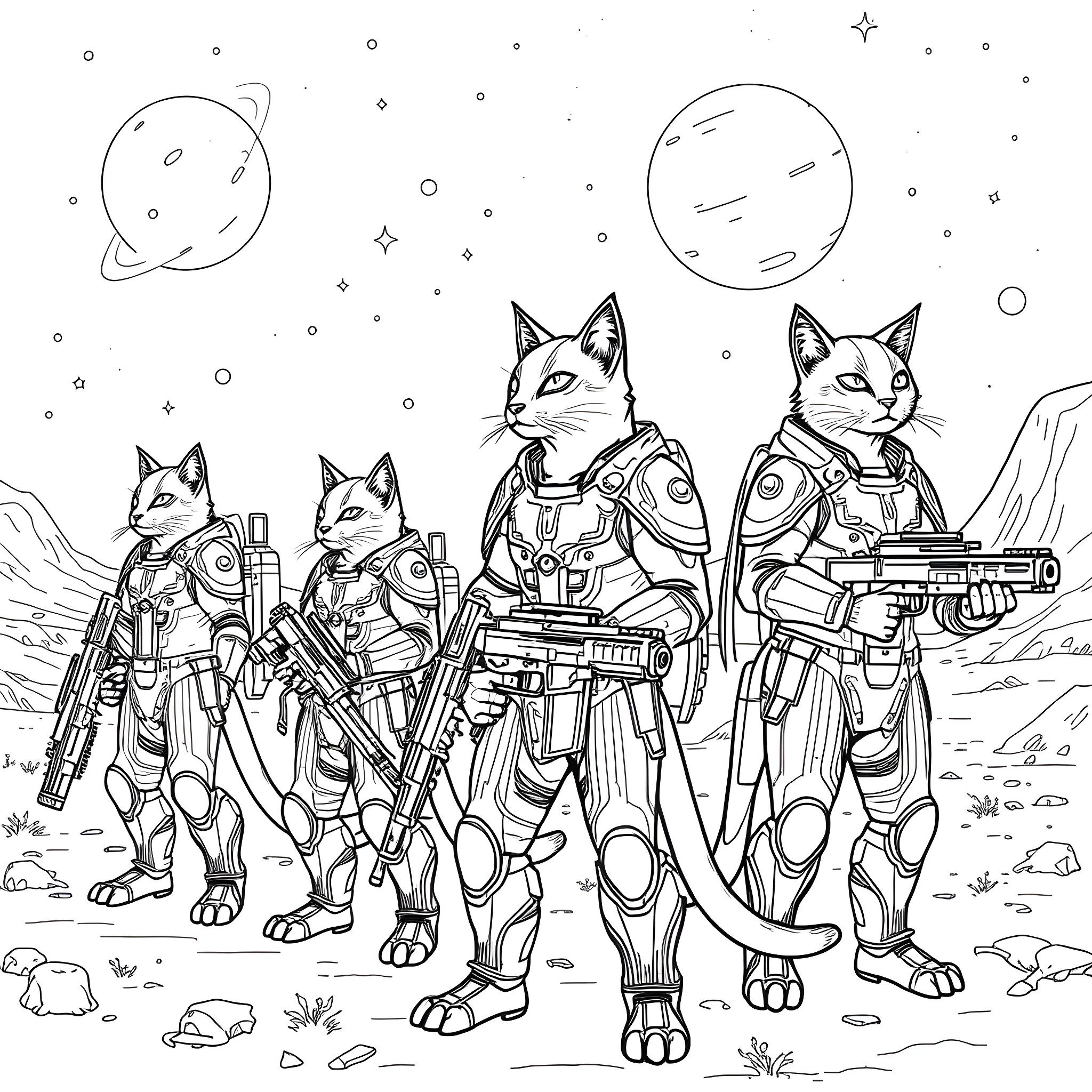 Cat Astronauts Exploring the Alien Planet Coloring Page (free black-and-white line drawing printable PDF for all, from beginners to advanced learners, including children, teens, adults, and seniors)