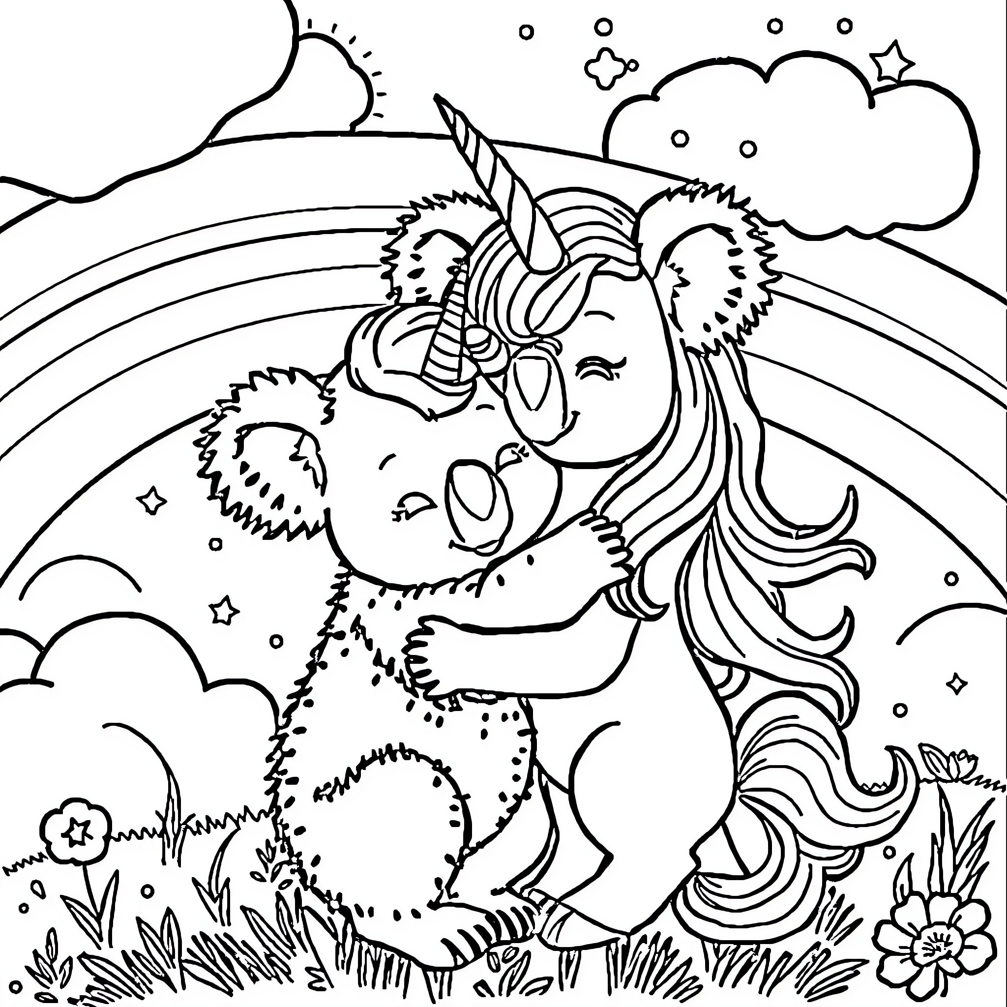 Koala Hugging Unicorn in Enchanting Landscape Coloring Page (free black-and-white line drawing printable PDF for all, from beginners to advanced learners, including children, teens, adults, and seniors)