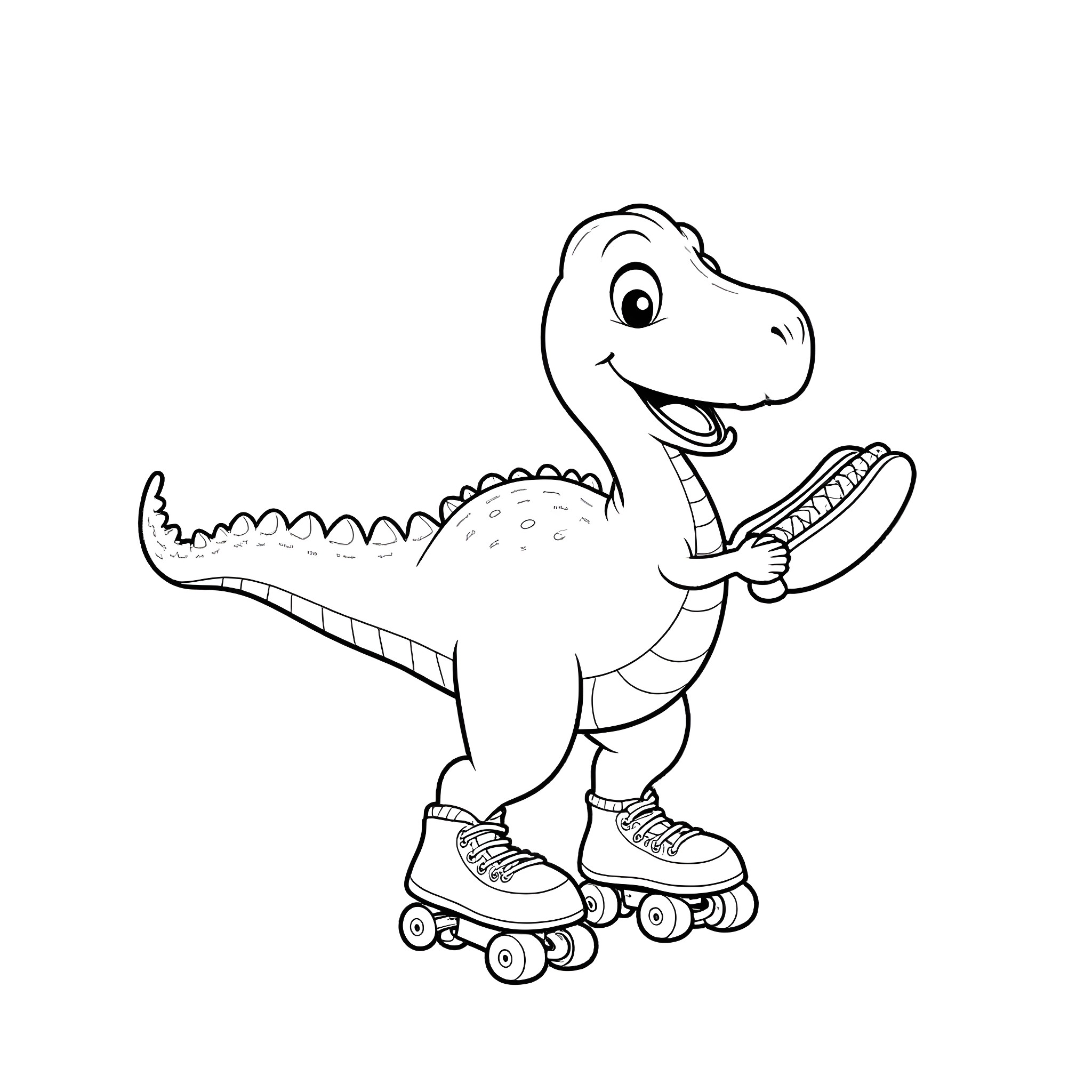 Dinosaur on roller skates with toothbrush Coloring Page (free black-and-white line drawing printable PDF for all, from beginners to advanced learners, including children, teens, adults, and seniors)