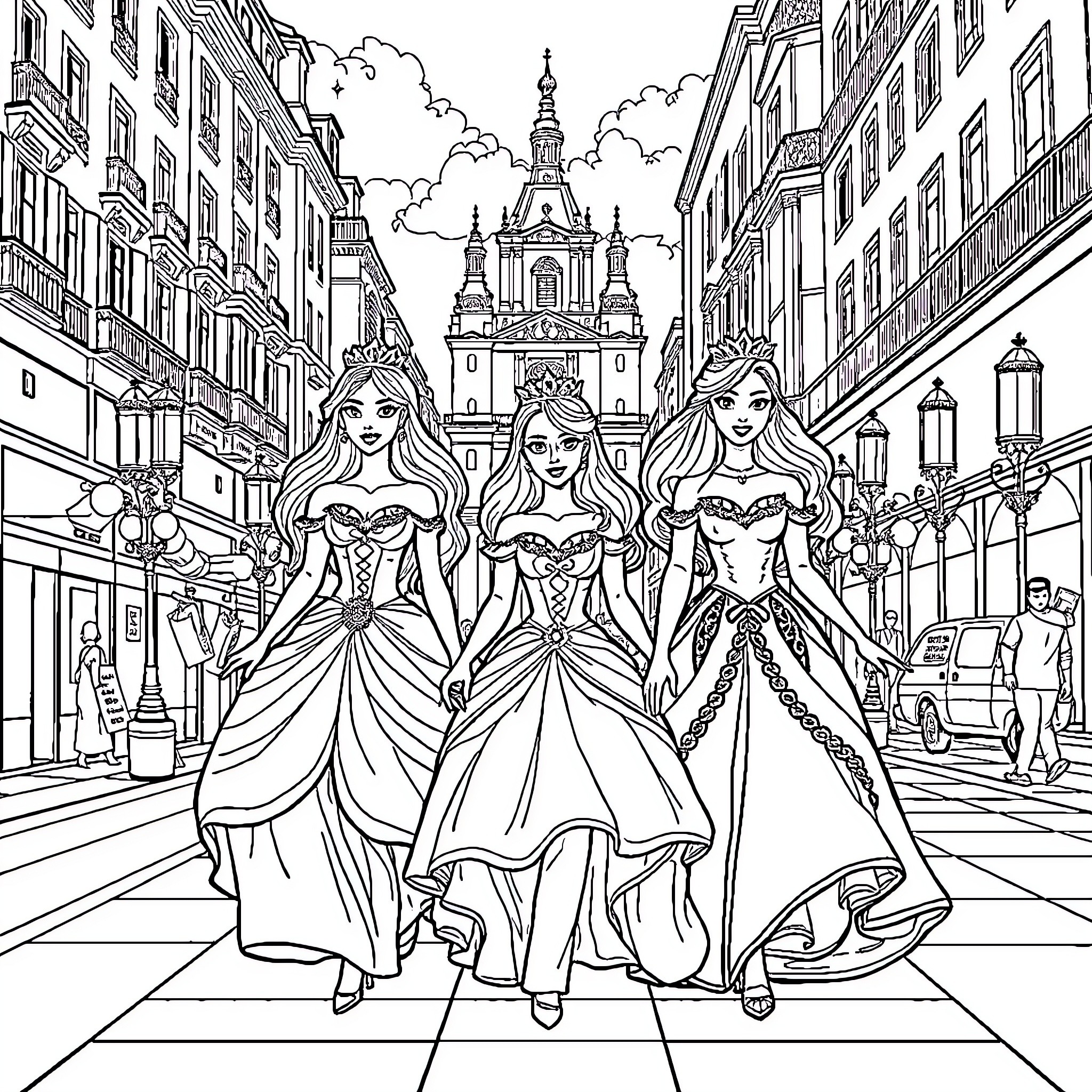 Princess Trio Strolling Through Elegant City Coloring Page (free black-and-white line drawing printable PDF for all, from beginners to advanced learners, including children, teens, adults, and seniors)