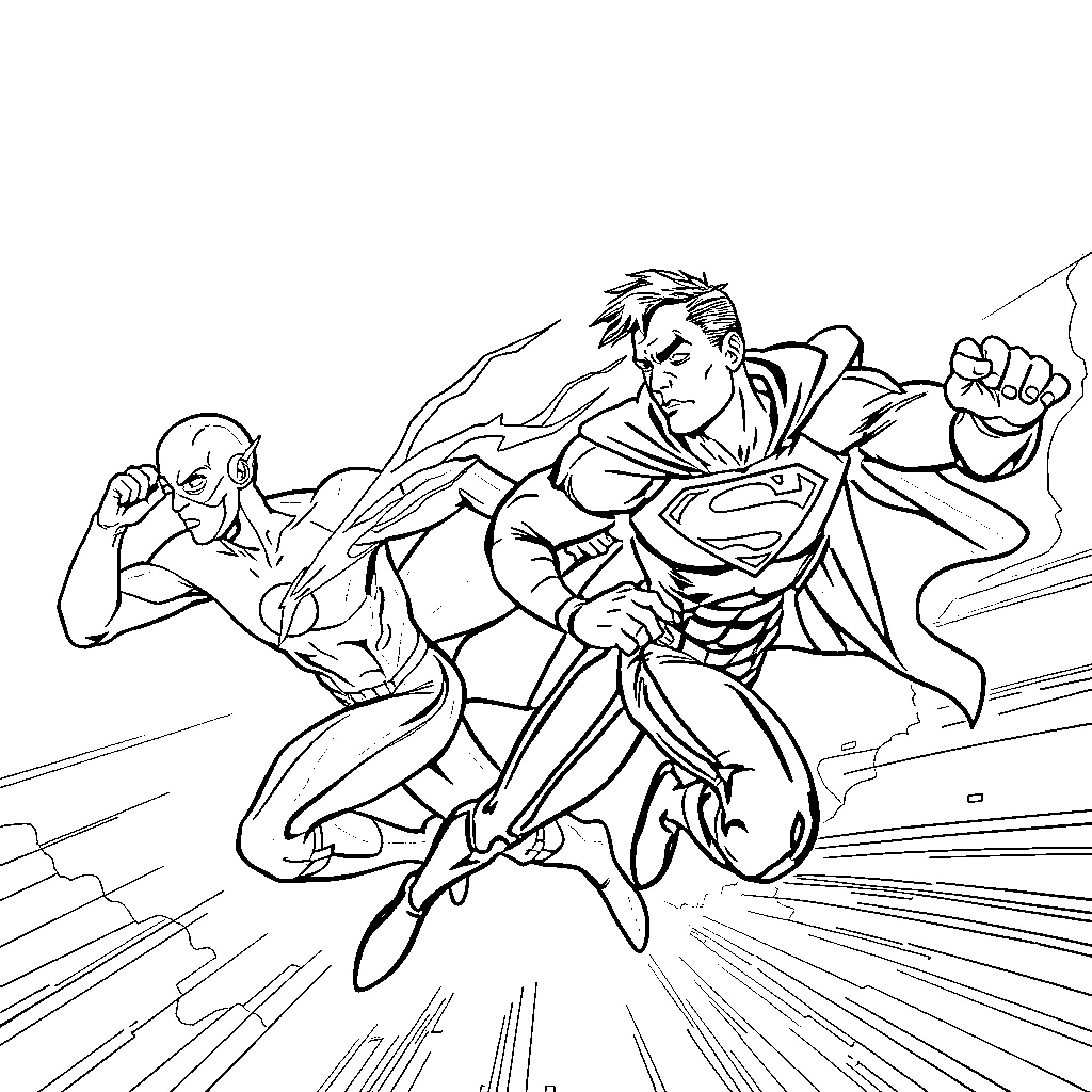 Flash of Power Clash between Heroes Coloring Page (free black-and-white line drawing printable PDF for all, from beginners to advanced learners, including children, teens, adults, and seniors)