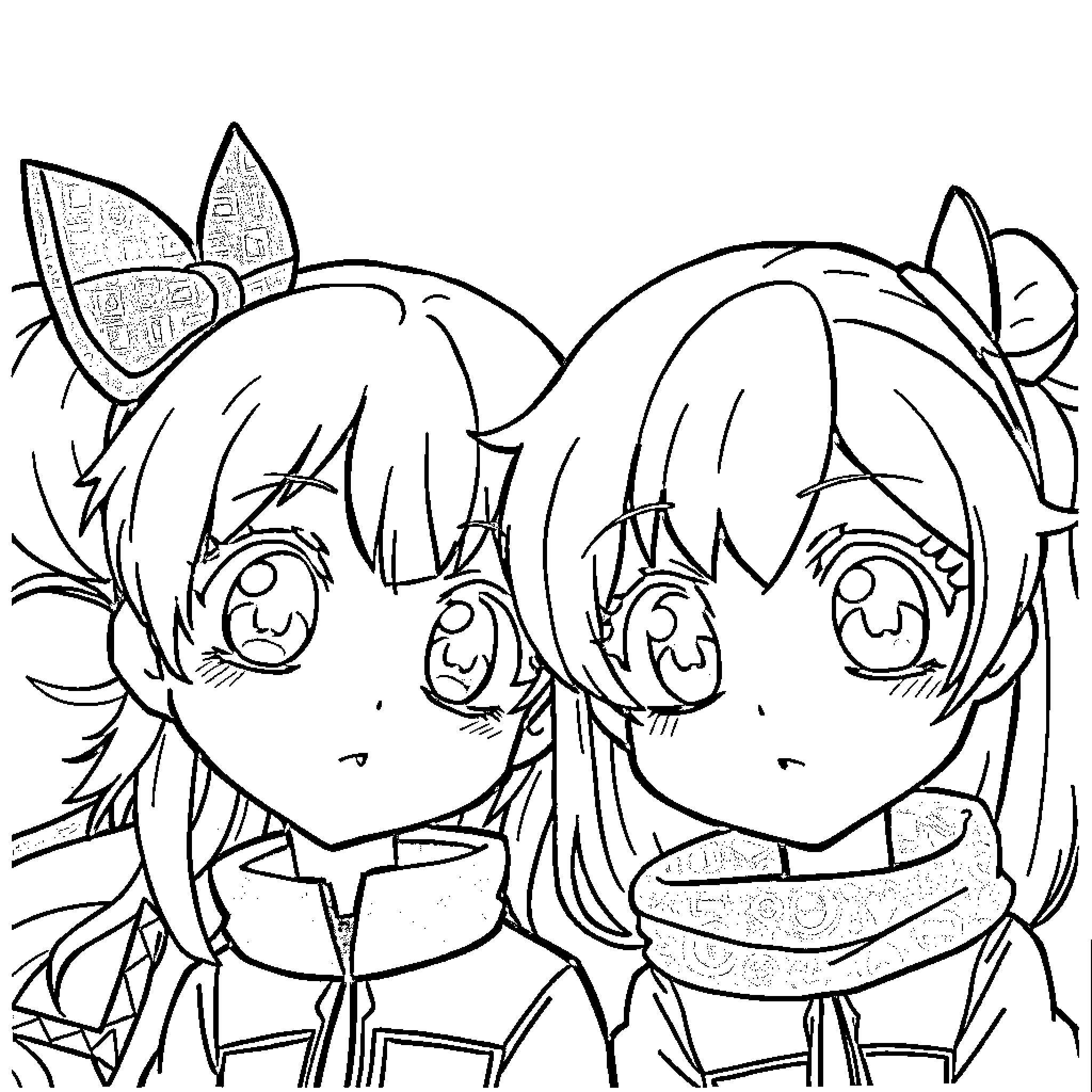 Anime Friends Enjoying the Outdoors Coloring Page (free black-and-white line drawing printable PDF for all, from beginners to advanced learners, including children, teens, adults, and seniors)