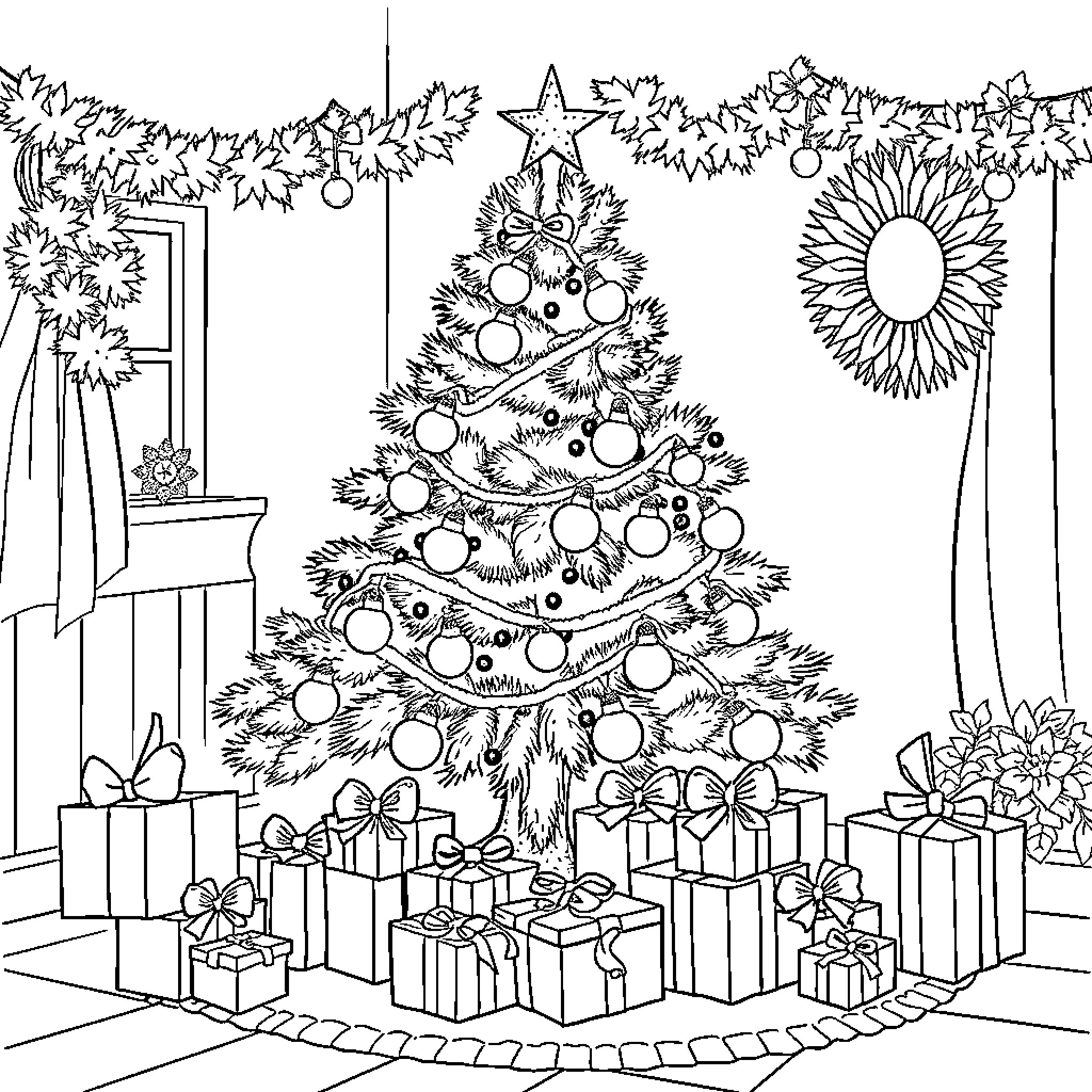 Christmas Decorations and Gifts Around the Tree Coloring Page (free black-and-white line drawing printable PDF for all, from beginners to advanced learners, including children, teens, adults, and seniors)