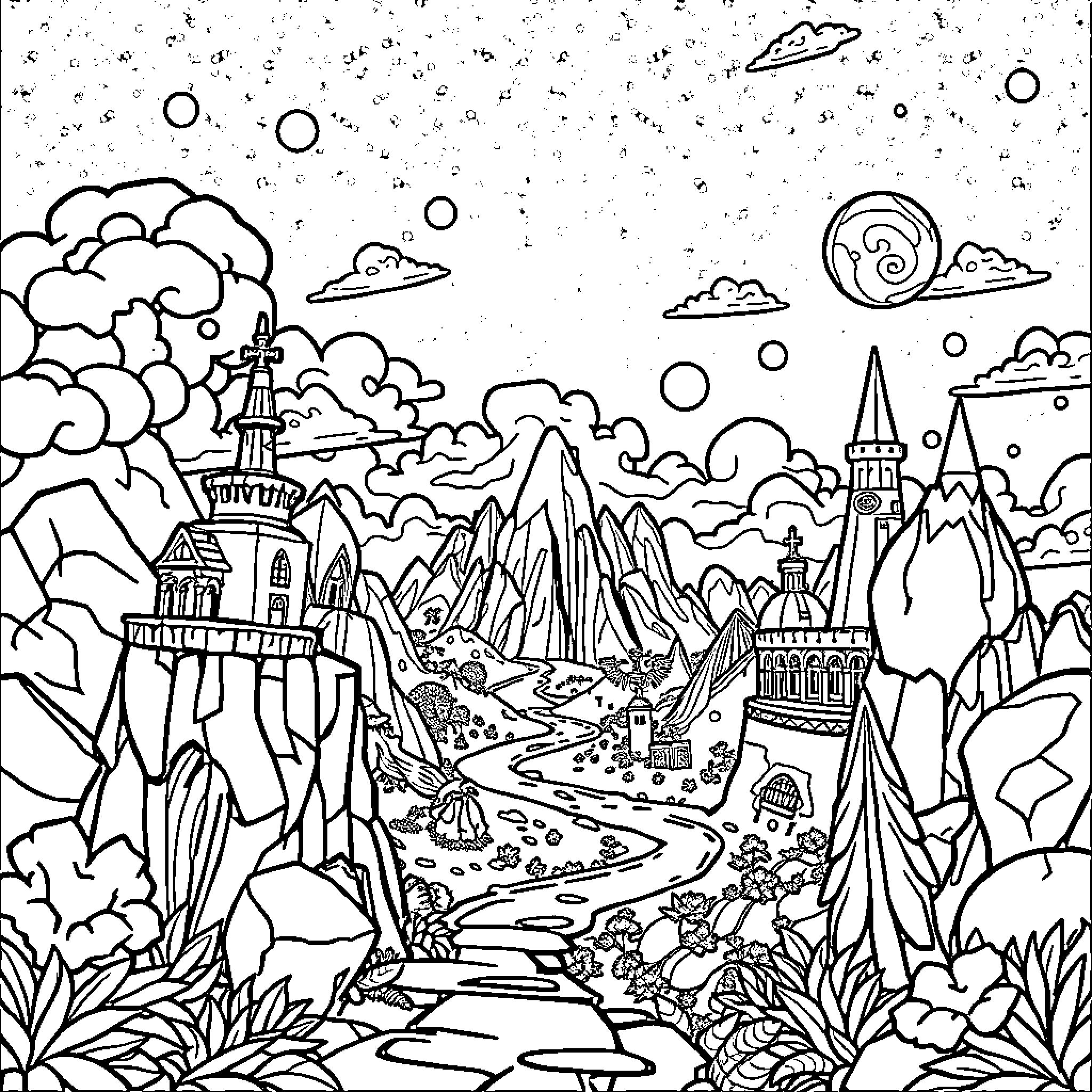 Worlds of Fantasy and Adventure Coloring Page (free black-and-white line drawing printable PDF for all, from beginners to advanced learners, including children, teens, adults, and seniors)