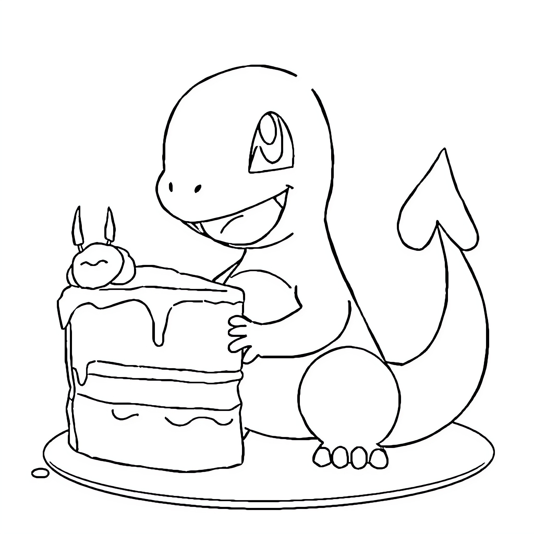 Charmander enjoying a delicious birthday cake Coloring Page (free black-and-white line drawing printable PDF for all, from beginners to advanced learners, including children, teens, adults, and seniors)