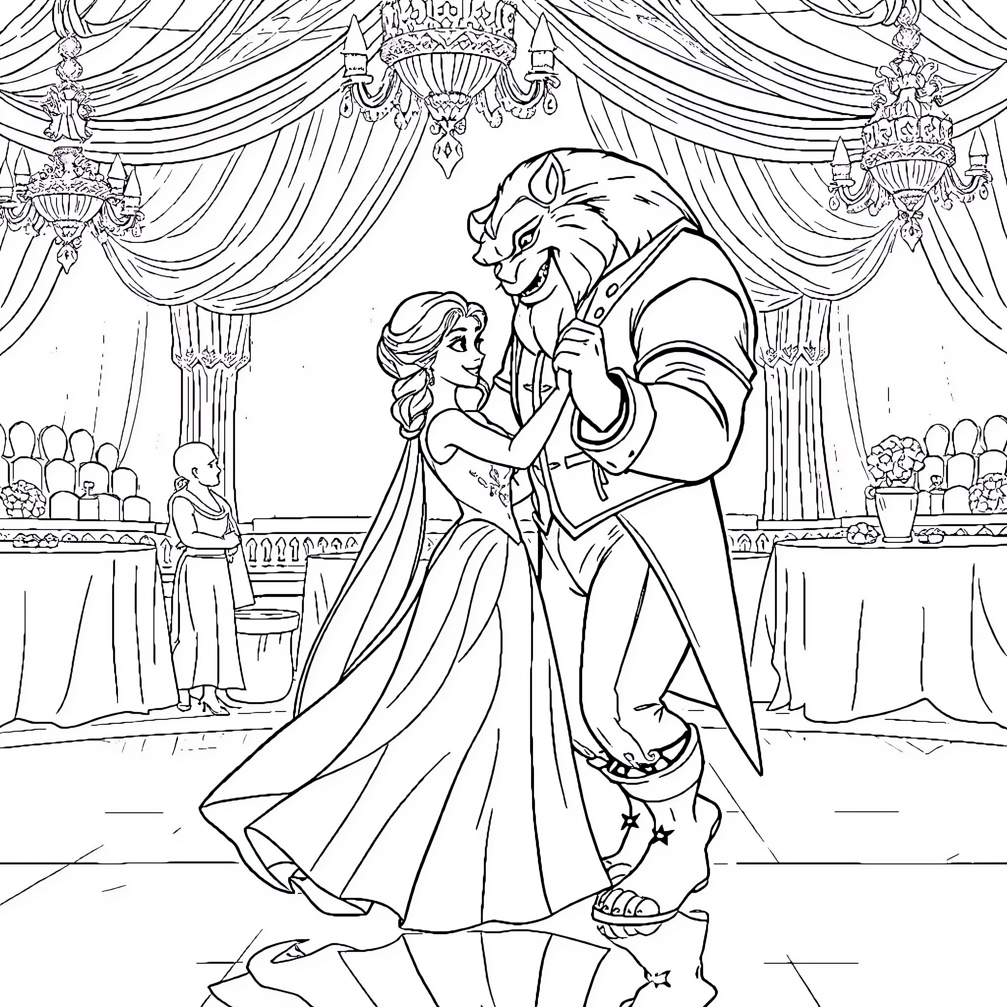 Elsa's Enchanting Ball Dance with the Beast Coloring Page (free black-and-white line drawing printable PDF for all, from beginners to advanced learners, including children, teens, adults, and seniors)