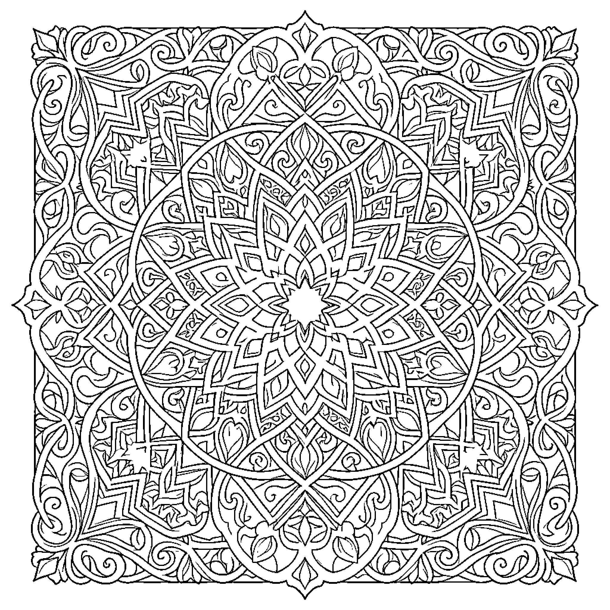 Islamic Intricate Geometric Mandala Pattern Coloring Page (free black-and-white line drawing printable PDF for all, from beginners to advanced learners, including children, teens, adults, and seniors)